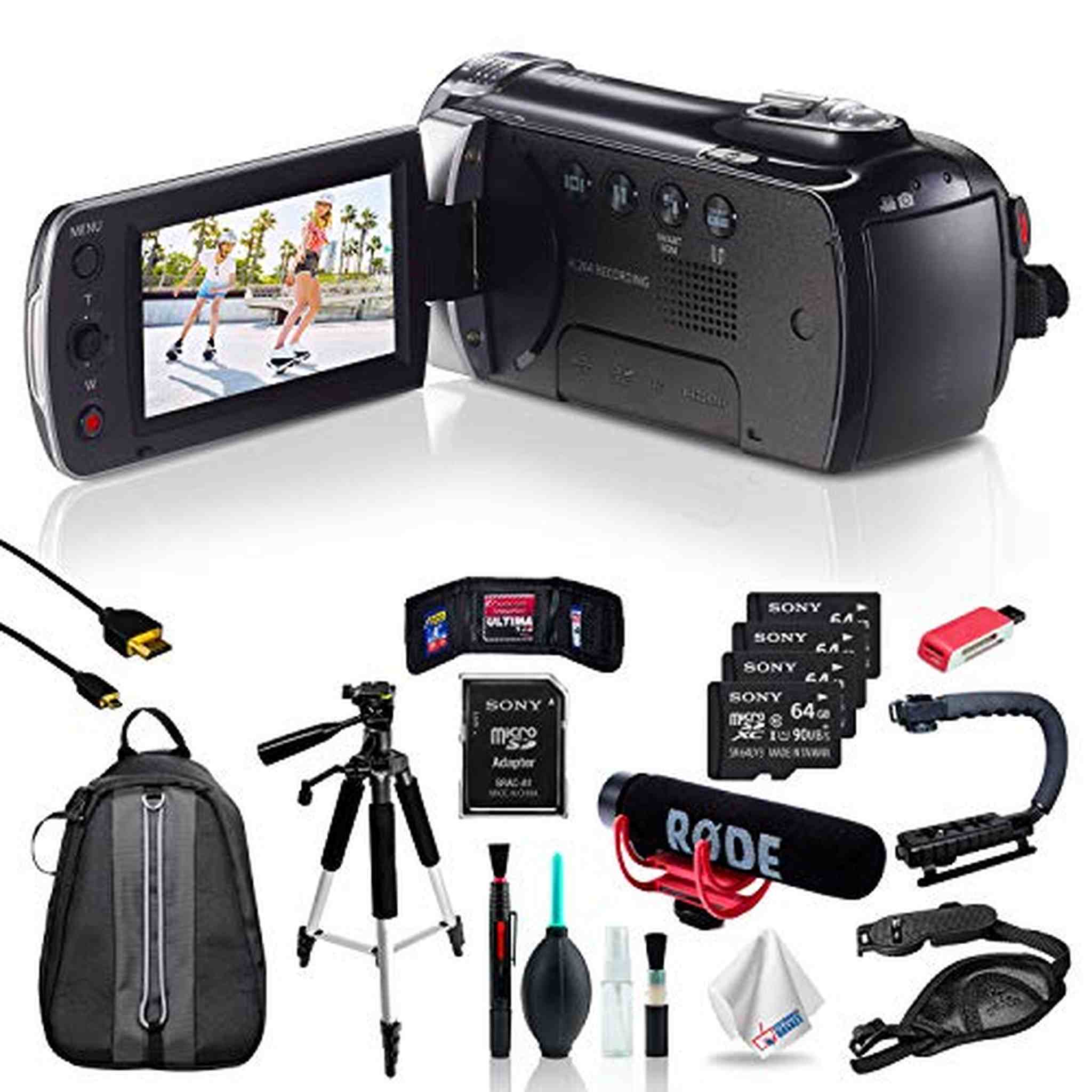 Samsung HMX-F90 Black Camcorder + 4pc 64GB mSDXC C10 Memory Card + Rode Microphone + Hands-Free Shoulder Mount Stabilizer Base Bundle Samsung