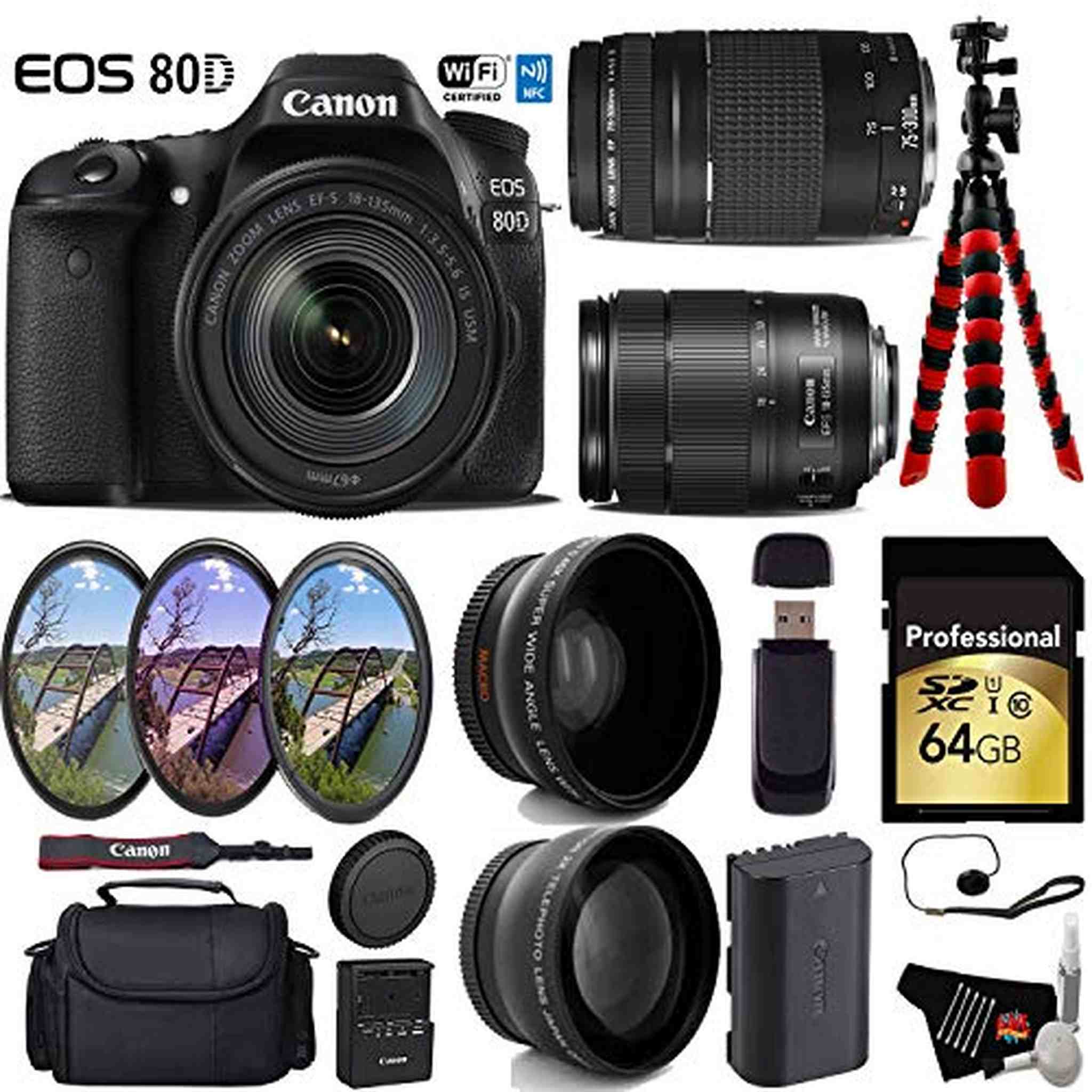 Canon EOS 80D DSLR Camera with 18-135mm is STM Lens & 75-300mm III Lens + UV FLD CPL Filter Kit + Wide Angle & Telephoto Lens Deluxe Bundle Canon