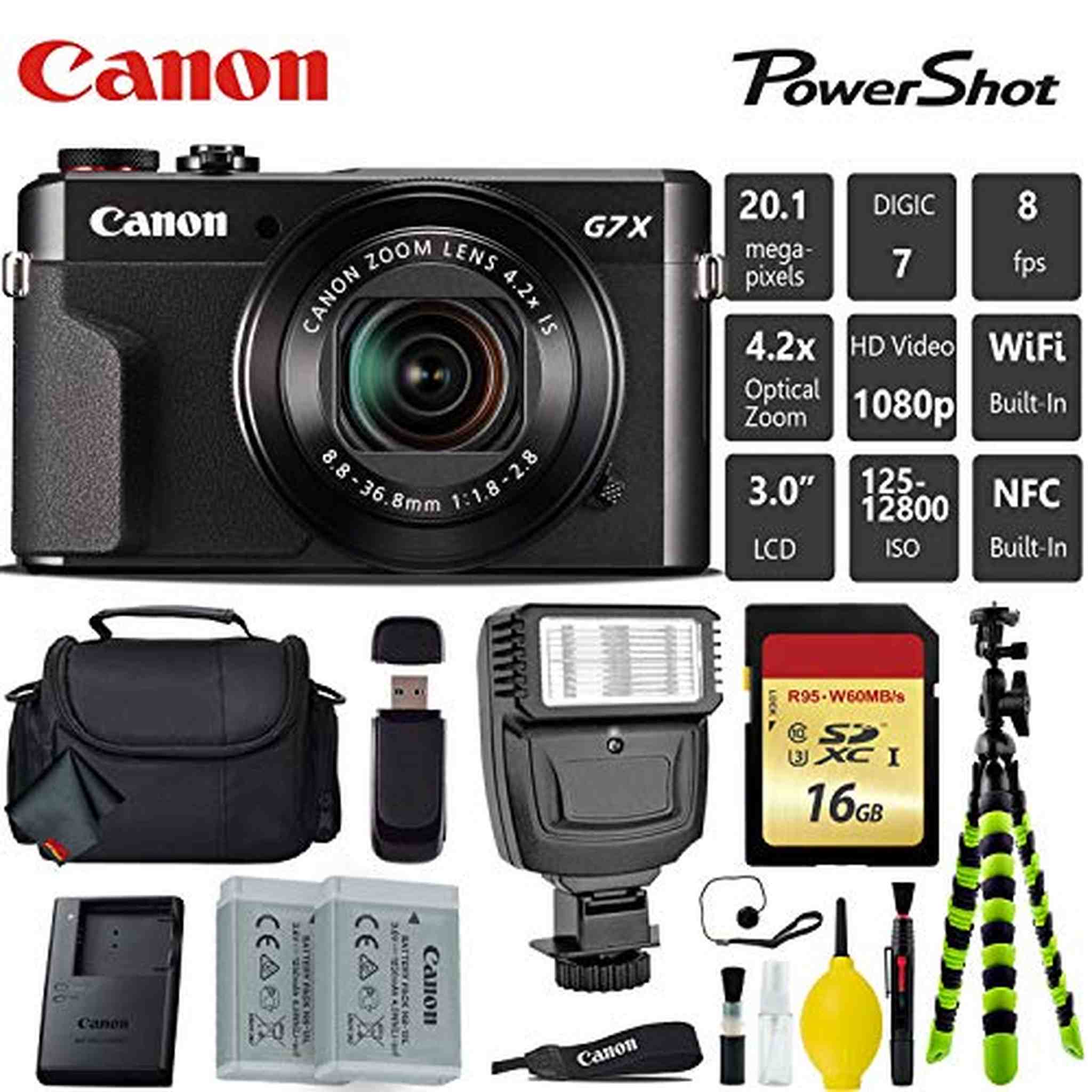 Canon PowerShot G7 X Mark II Point and Shoot Digital Camera + Extra Battery + Digital Flash + Camera Case + 16GB Class 1 Card Starter Bundle Canon