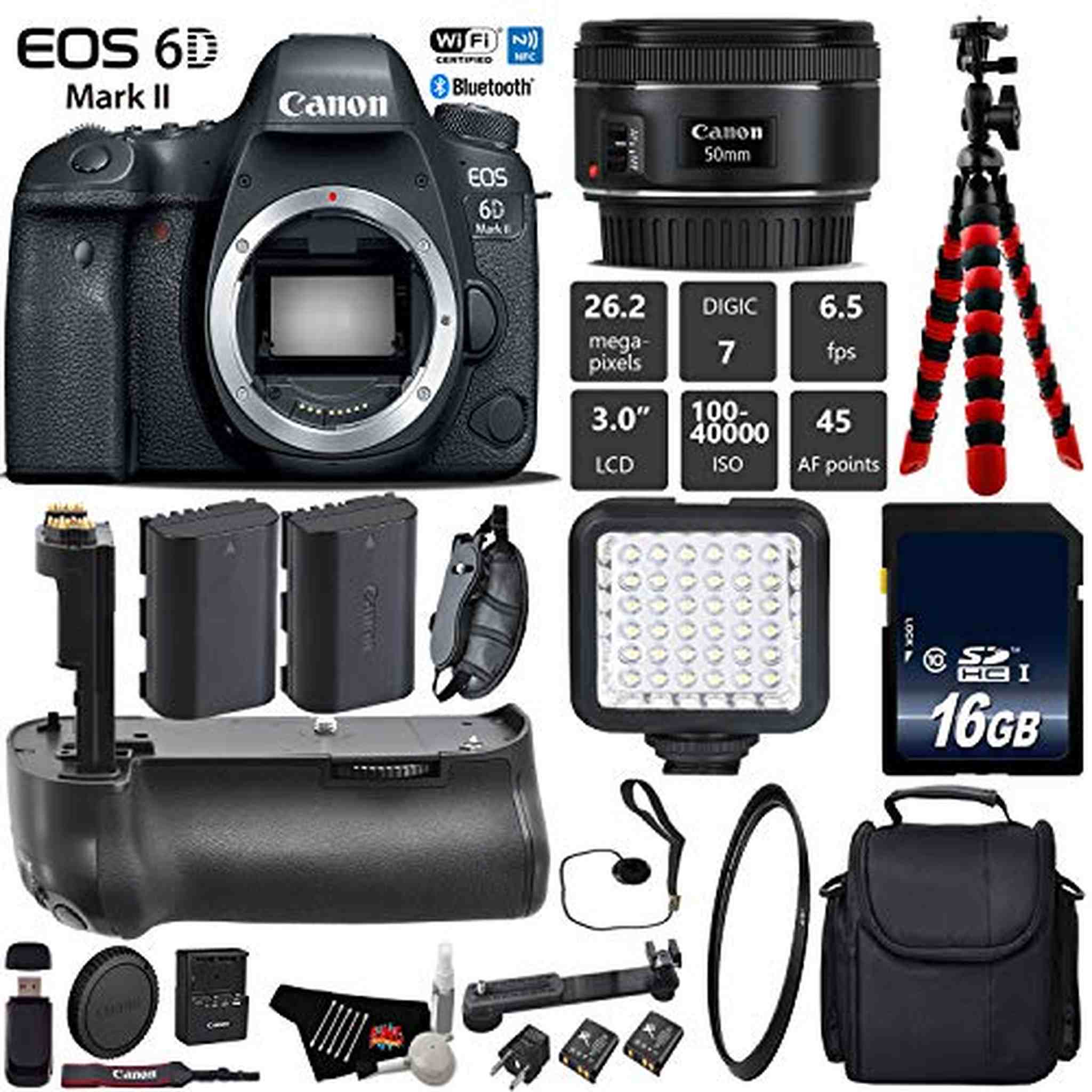 Canon EOS 6D Mark II DSLR Camera With 50mm 1.8 STM Lens + Professional Battery Grip + UV Protection Filter + LED Kit Base Bundle Canon