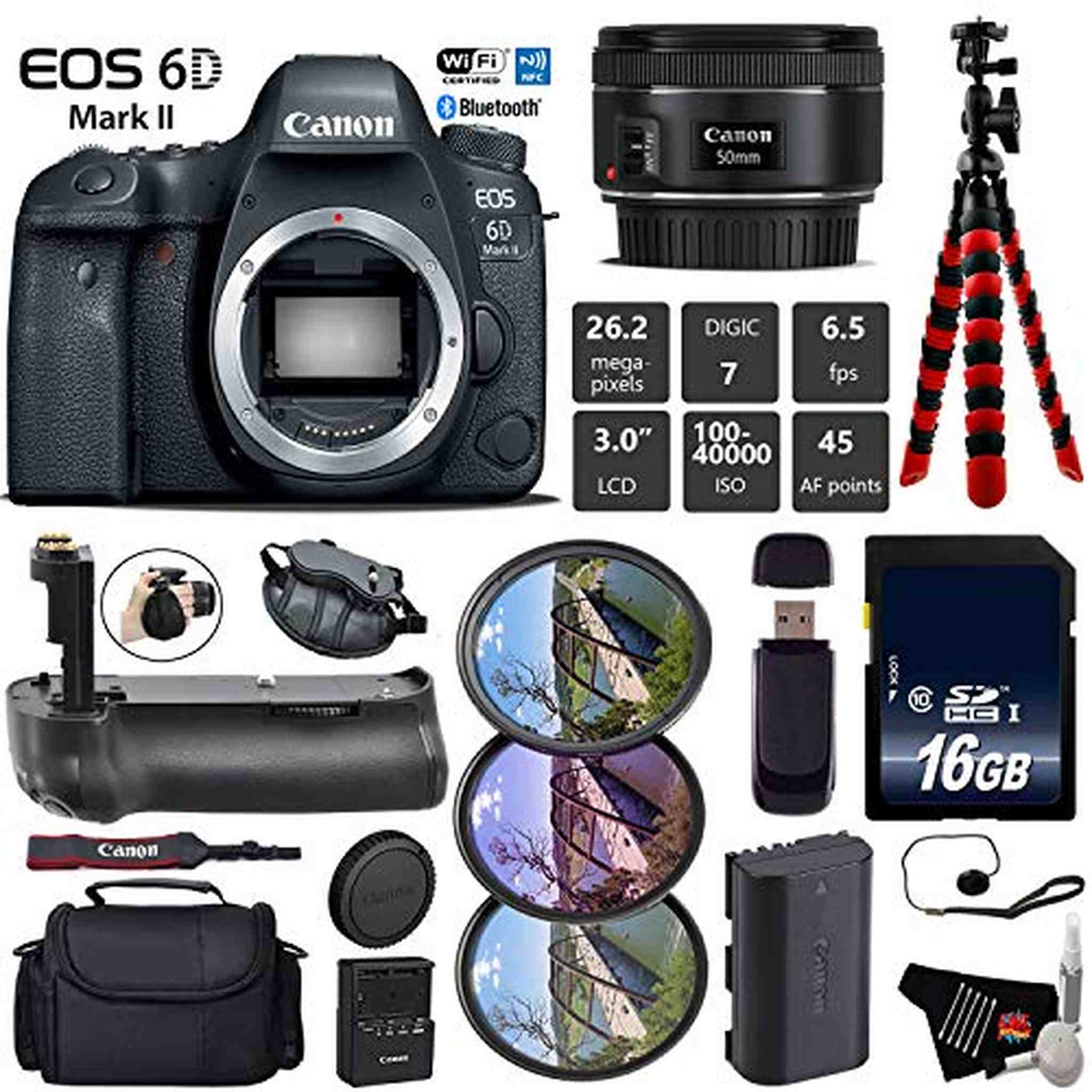 Canon EOS 6D Mark II DSLR Camera with 50mm f/1.8 STM Lens + Professional Battery Grip + UV FLD CPL Filter Kit + Case Base Bundle Canon