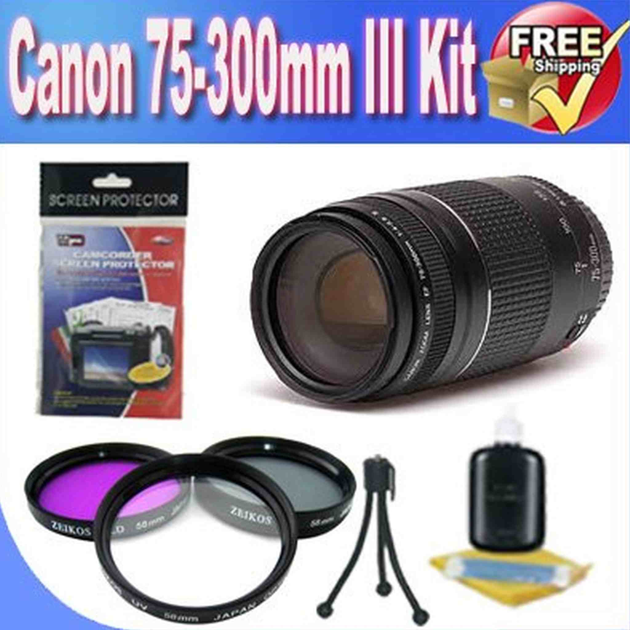 Canon EF 75-300mm f/4-5.6 III Telephoto Zoom Lens for Canon SLR Cameras + 3 Piece Professional Filter Kit + Accessory Saver Bundle Canon