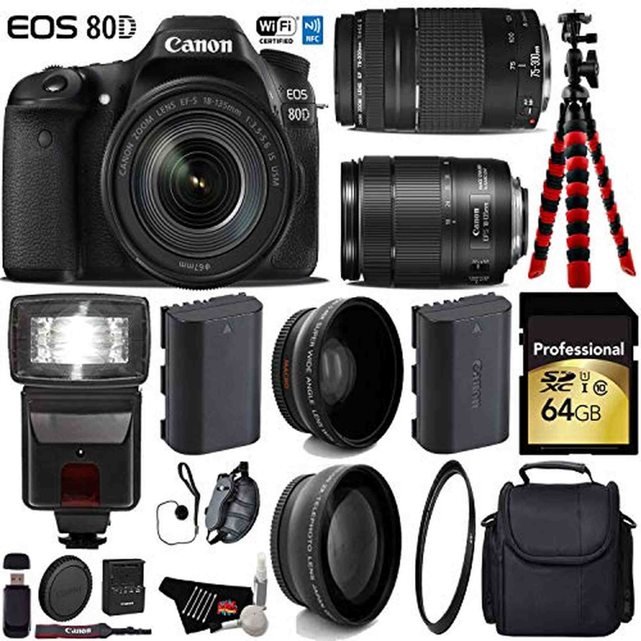 Canon EOS 80D DSLR Camera with 18-135mm is STM Lens & 75-300mm III Lens + Flash + UV FLD CPL Filter Kit Deluxe Bundle Canon