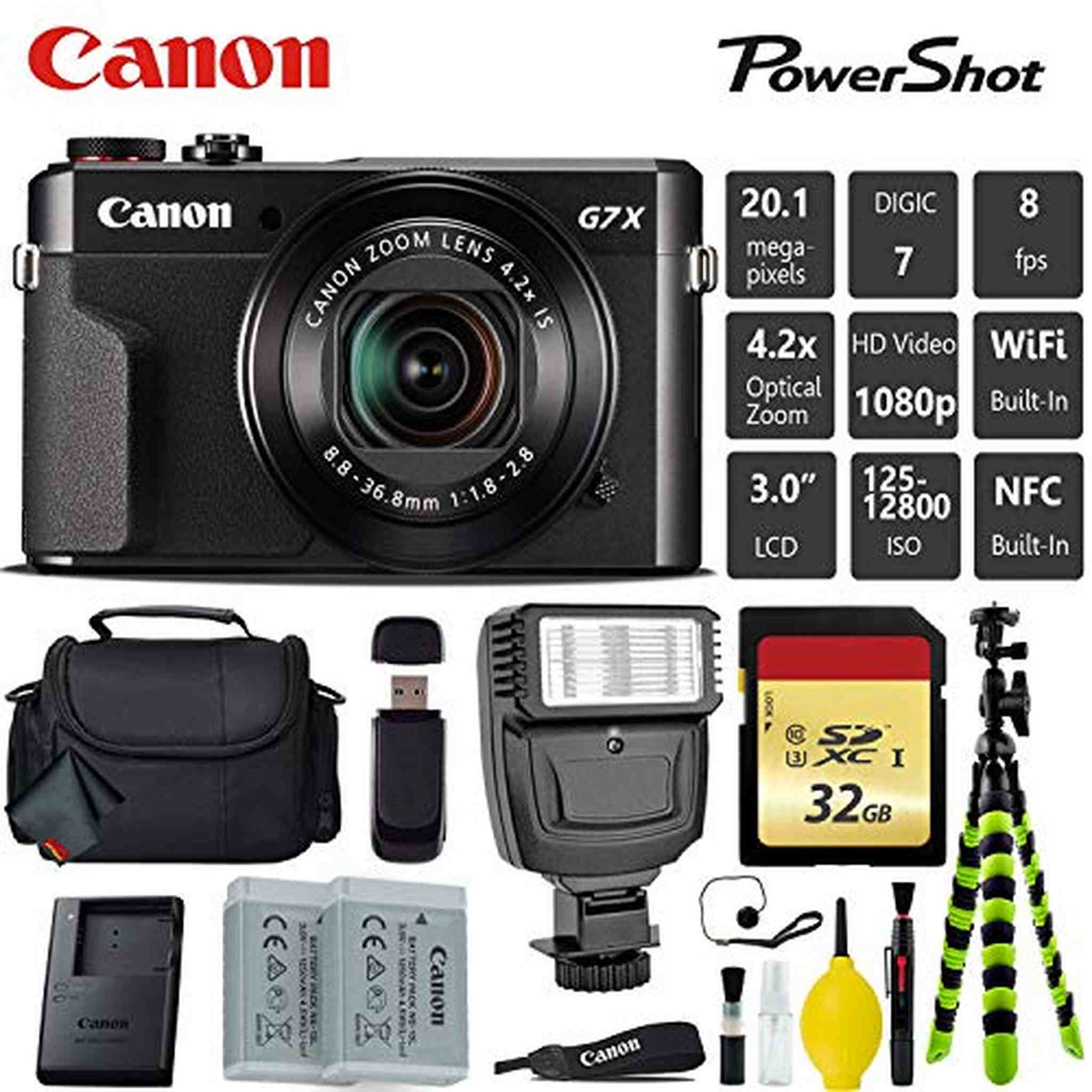 Canon PowerShot G7 X Mark II Point and Shoot Digital Camera + Extra Battery + Digital Flash + Camera Case + 32GB Class 1 Card Bundle Canon