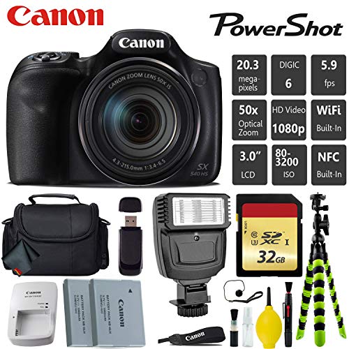 Canon PowerShot SX540 HS Digital Point and Shoot 20MP Camera + Extra Battery + Digital Flash + Camera Case + 32GB Class Canon