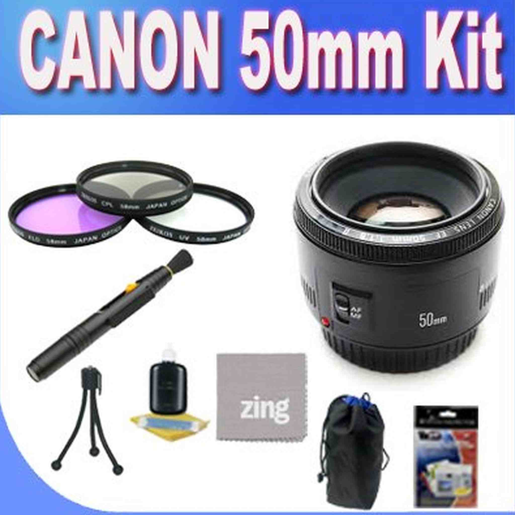 Canon EF 50mm f/1.8 II Camera Lens + 3 Piece Filter Kit w/Case + Lens Pouch + Microfiber Cleaning Cloth + Lens Pen Cleaner + Accessory Saver Bundle Canon