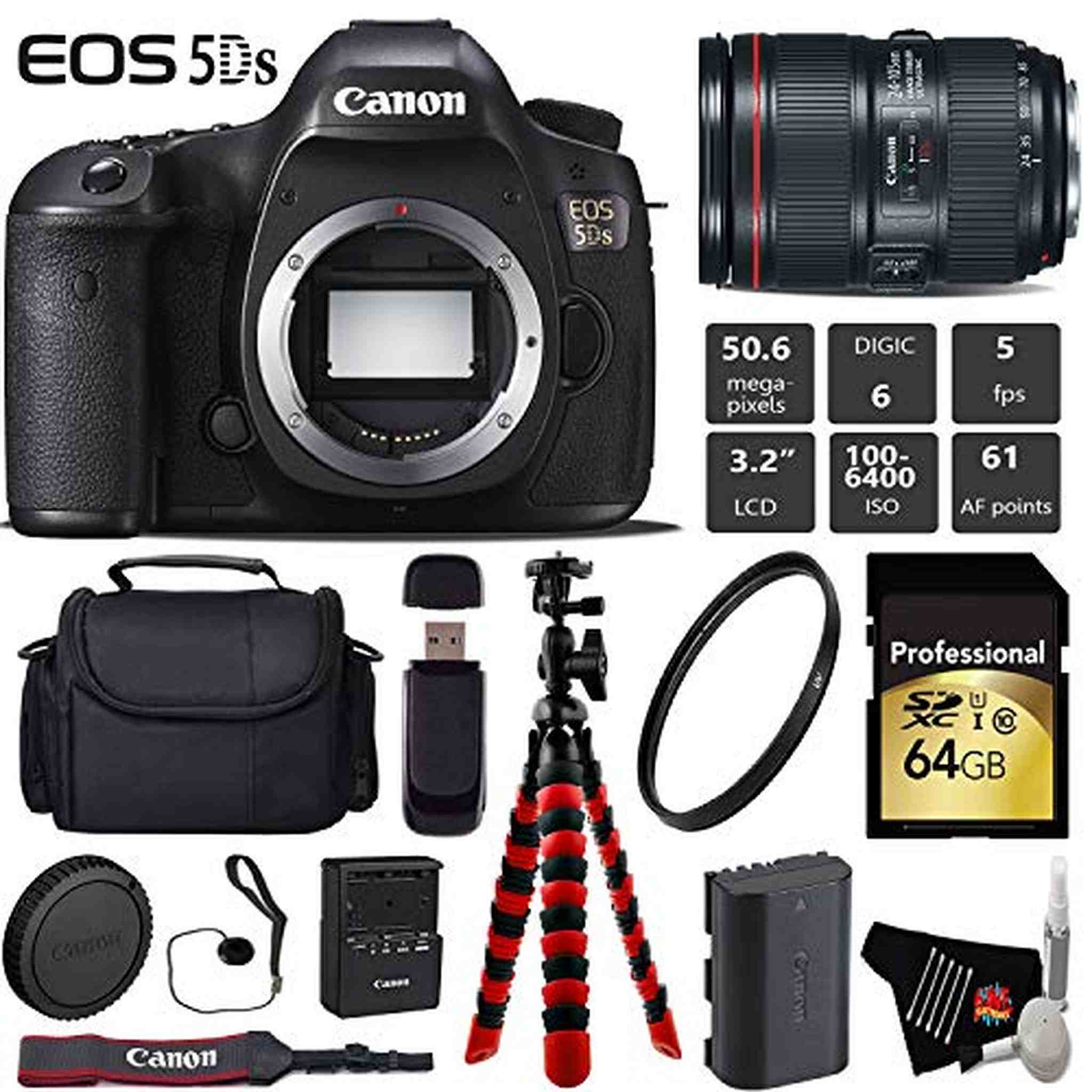 Canon EOS 5DS DSLR Camera with 24-105mm f/4L II Lens + Wireless Remote + UV Protection Filter + Case + Wrist Strap + Tri Canon