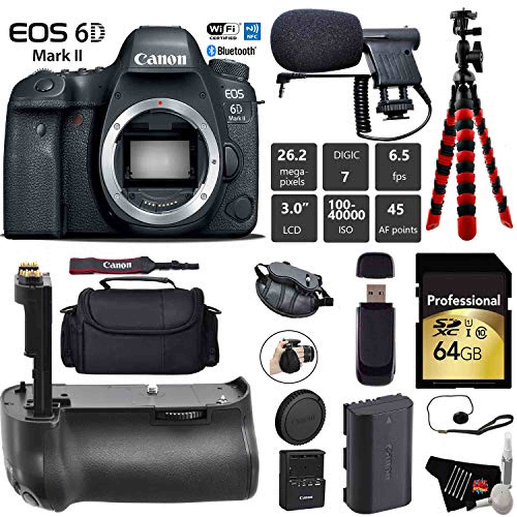 Canon EOS 6D Mark II DSLR Camera Body Only + Professional Battery Grip + Condenser Microphone + Case + Wrist Strap Pro Bundle Canon