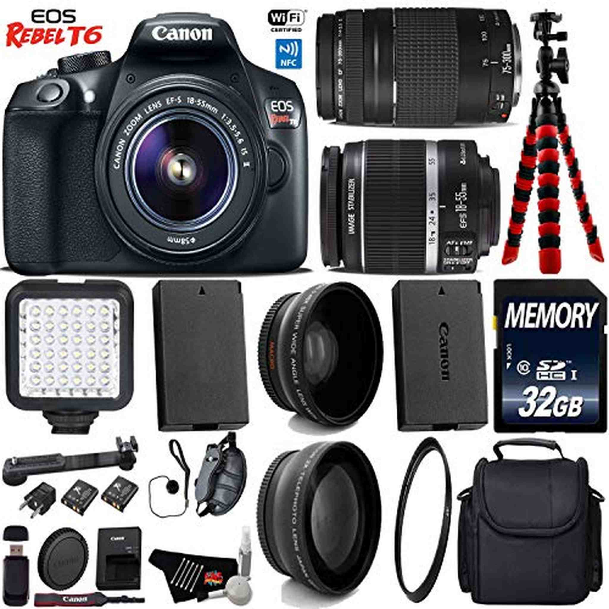 Canon EOS Rebel T6 DSLR Camera 18-55mm is II Lens & 75-300mm III Lens + LED + UV FLD CPL Filter Kit Starter Bundle Canon