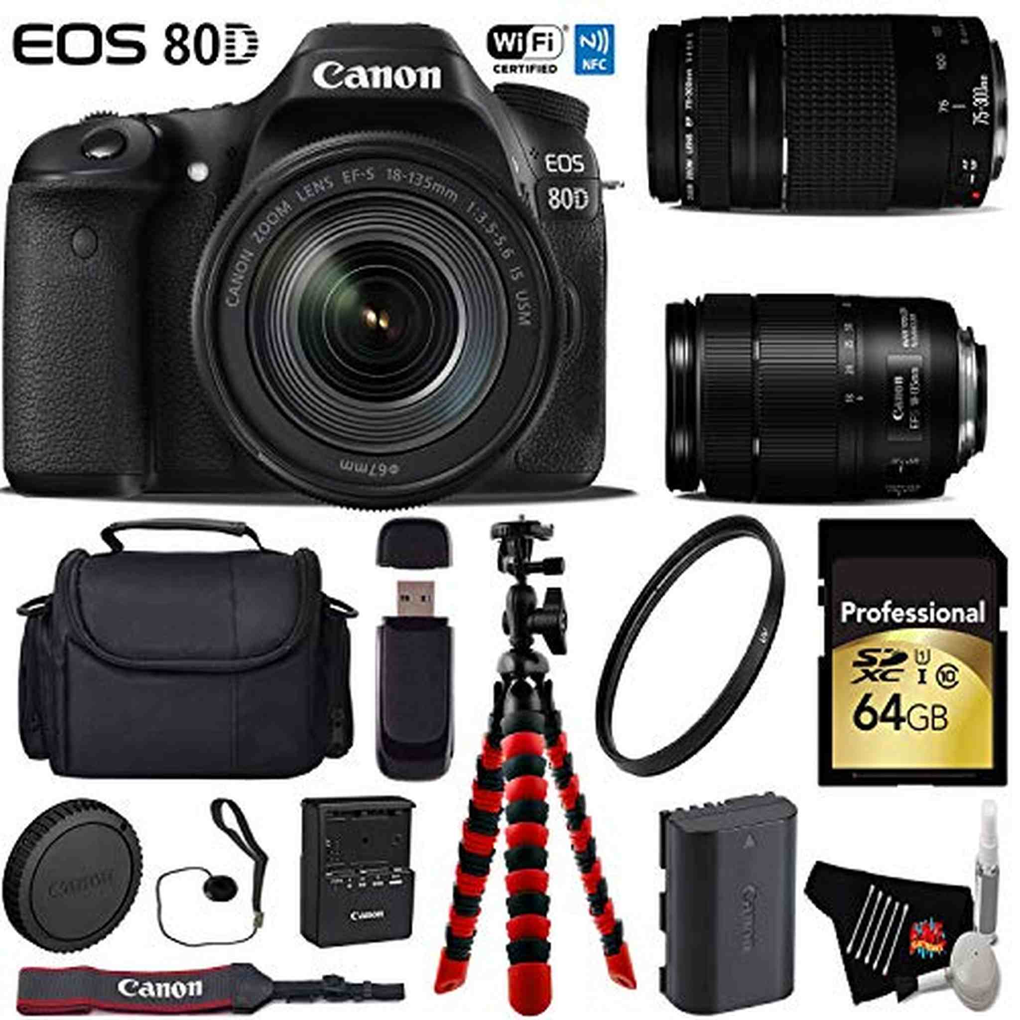 Canon EOS 80D DSLR Camera with 18-135mm is STM Lens & 75-300mm III Lens + Flexible Tripod + UV Protection Filter Advanced Bundle Canon