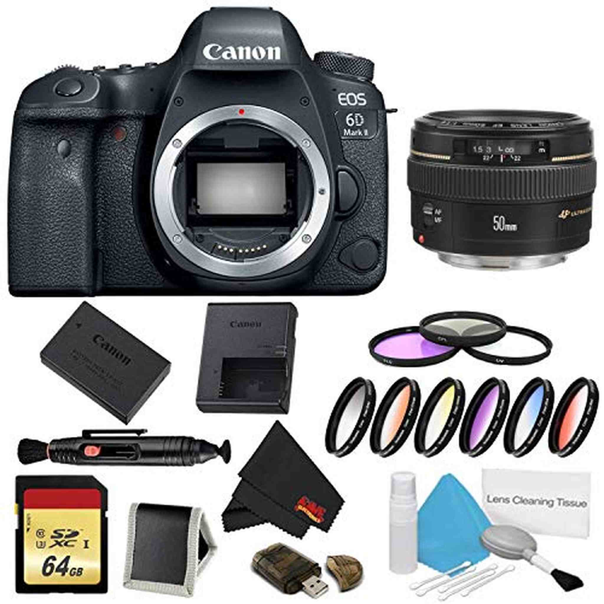 Canon EOS 6D Mark II DSLR Camera Body Only 9 Piece Filter w/Memory Bundle + Canon EF 50mm f/1.4 USM Lens - Internation Canon