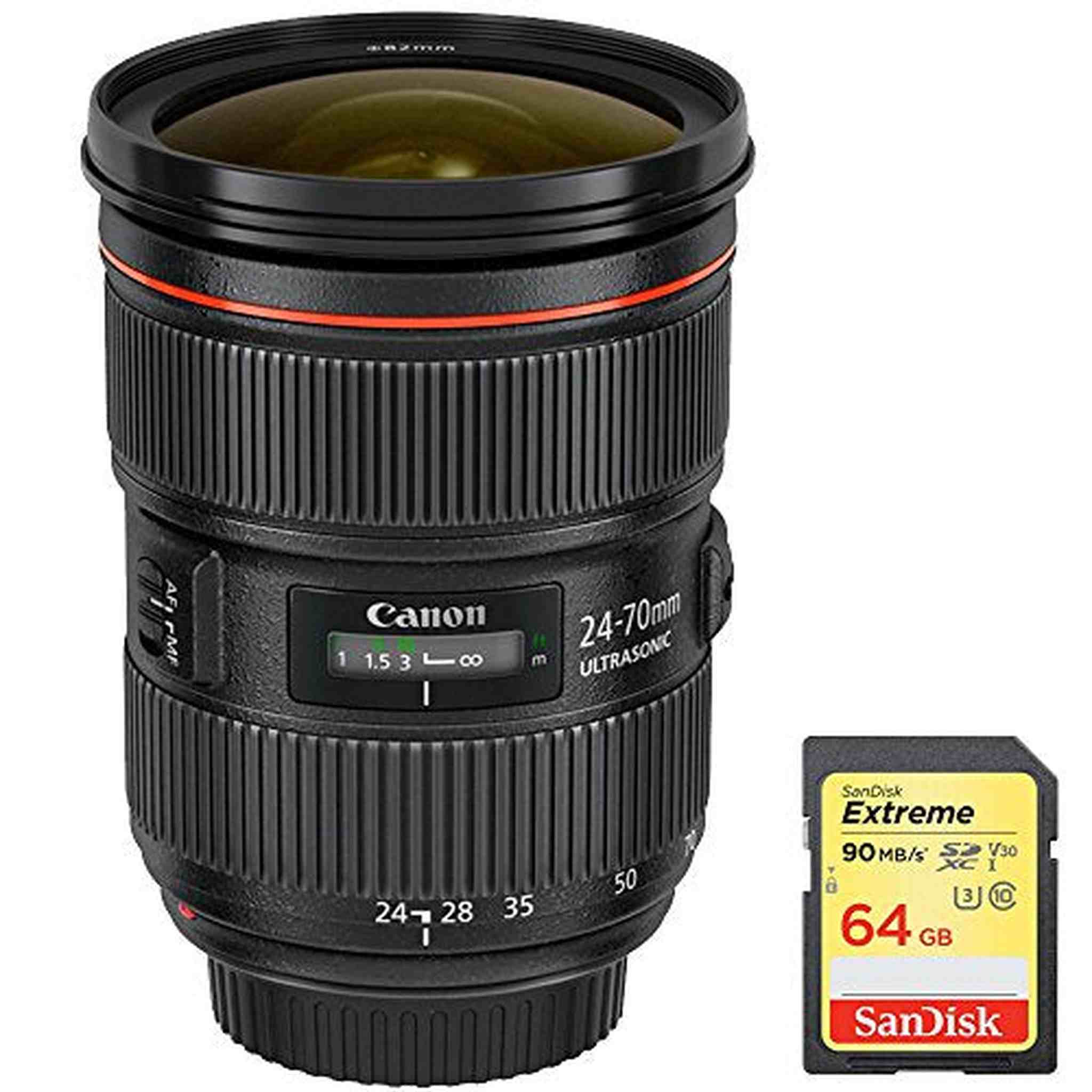 Canon (5175B002) EF 24-70mm f/2.8L II USM Lens with 64GB Extreme SD Memory UHS-I Card w/ 90/60MB/s Read/Write