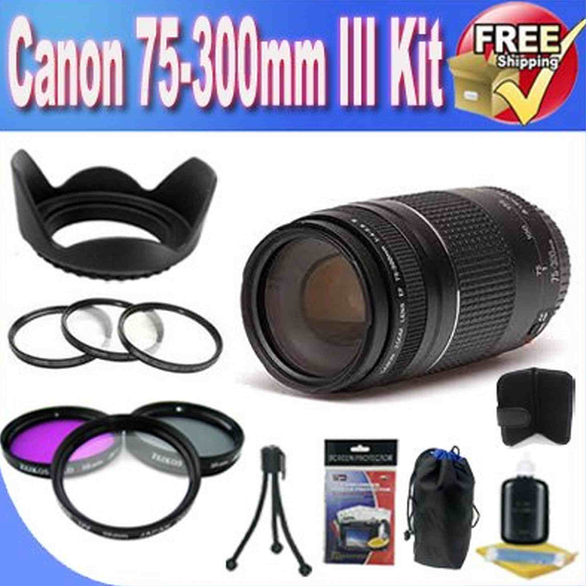 Canon EF 75-300mm f/4-5.6 III Telephoto Zoom Lens for Canon SLR Cameras + 3 Piece Professional Filter Kit + Lens Hood + 3 Piece Macro Lens Kit + Lens Pouch + Lens Hood + Accessory Saver Bundle Canon