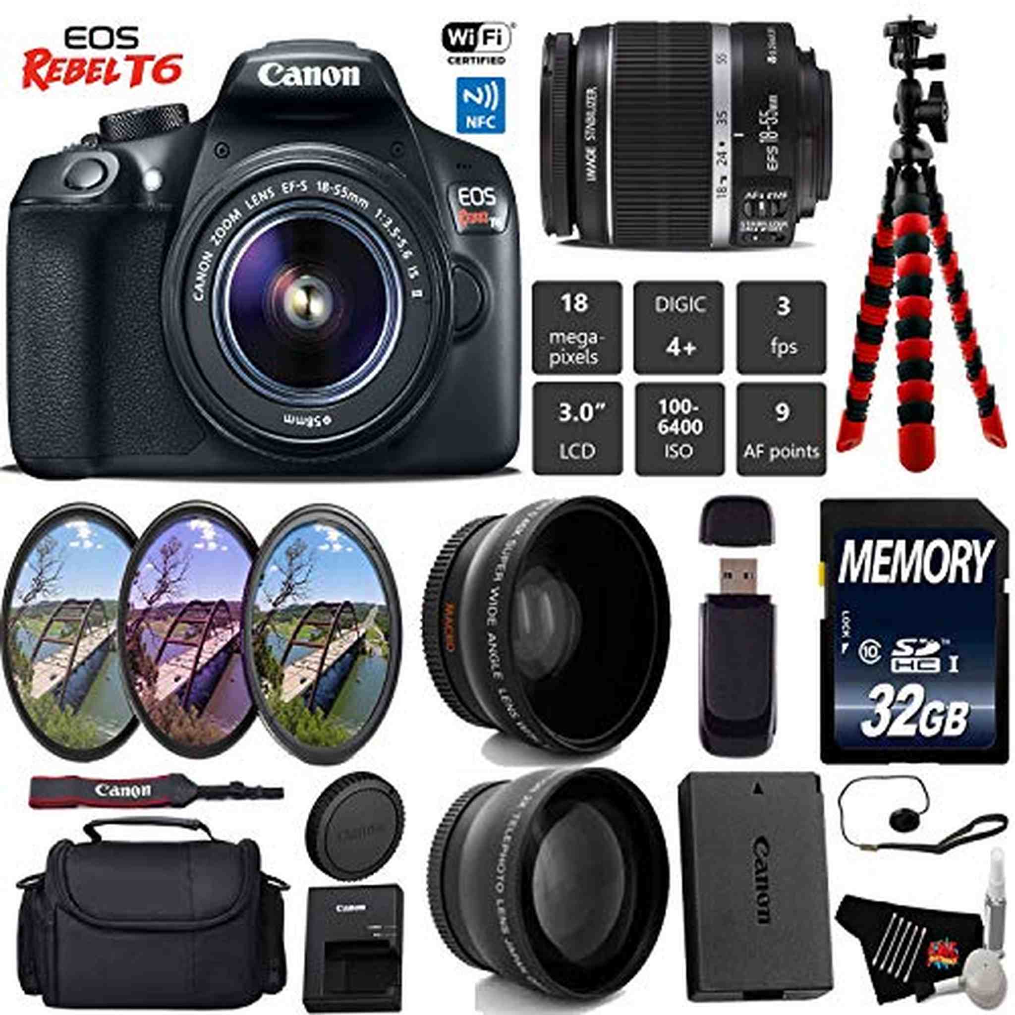 Canon EOS Rebel T6 DSLR Camera with 18-55mm is II Lens + UV FLD CPL Filter Kit + Wide Angle & Telephoto Lens + Camera Ca Canon