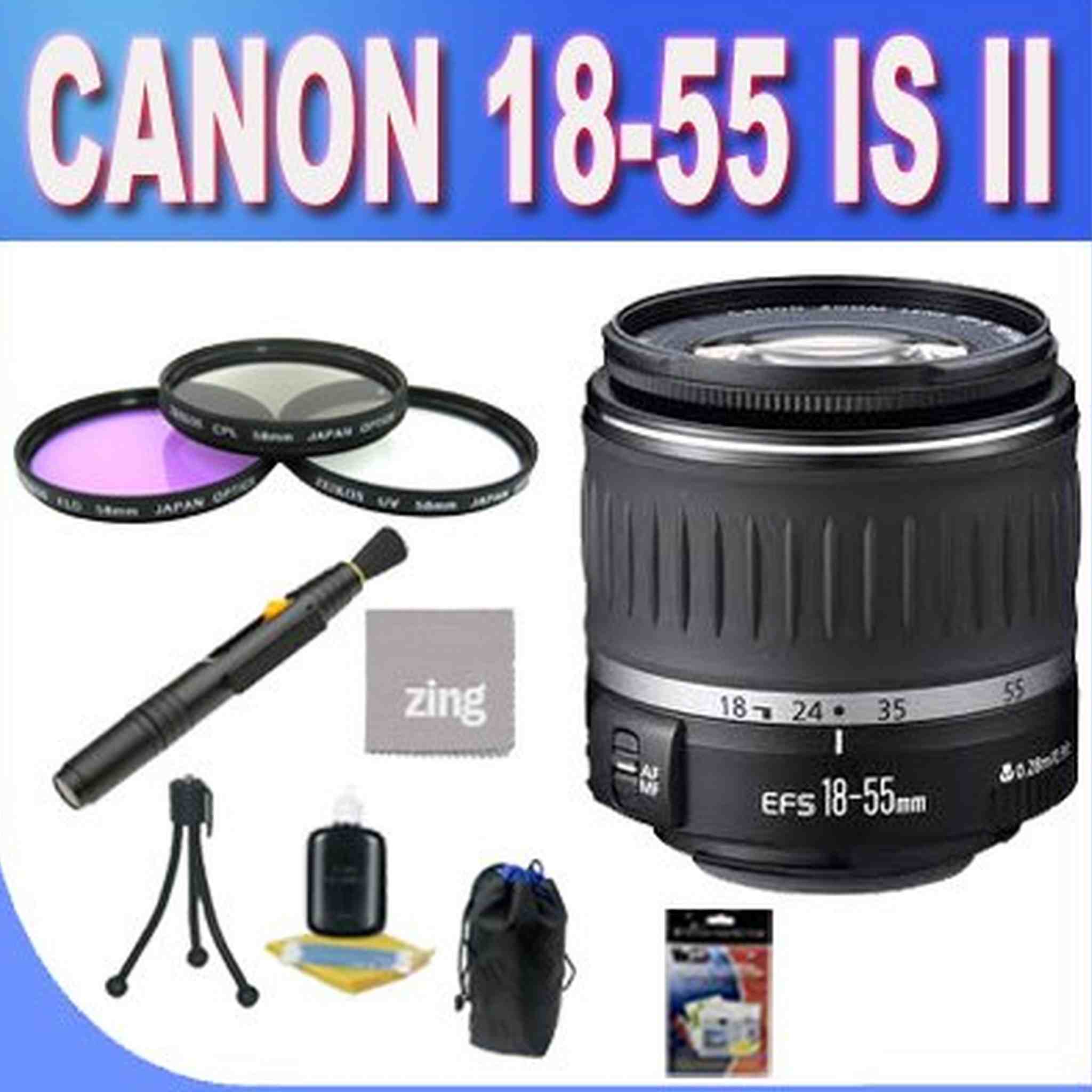 Canon EF-S 18-55mm f/3.5-5.6 is II SLR Lens - Mark II + 3 Piece Filter Kit + Lens Pen Cleaner + Shock Proof Deluxe Lens Case + Microfiber Cleaning Cloth + Accessory Saver Bundle! BVI