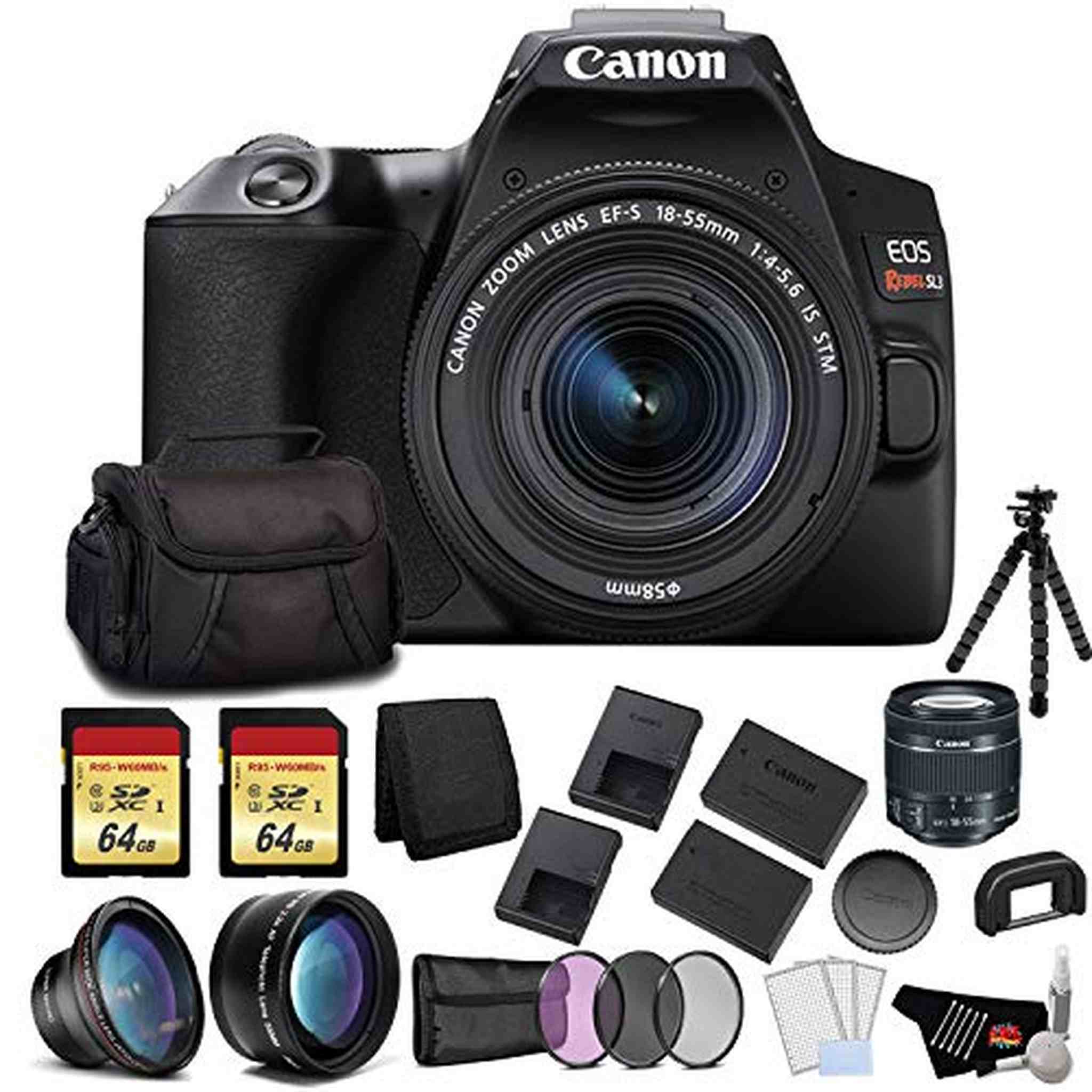 Canon EOS Rebel SL3 DSLR Camera with 18-55mm Lens Black Bundle with 2x64GB Memory Card + Battery for CanonLPE17 + LCD Canon