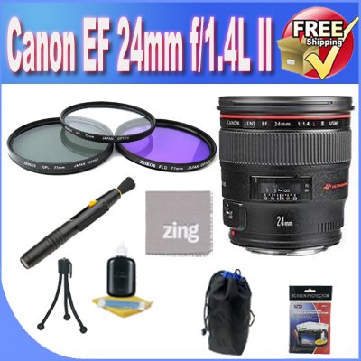 Canon EF 24mm f/1.4 L USM II Wide Angle Lens + 3 Piece Filter Kit + Lens Case + Zing MicroFiber Cleaning Cloth + Lens Pen Cleaner + Lens Accessory Saver Bundle Canon