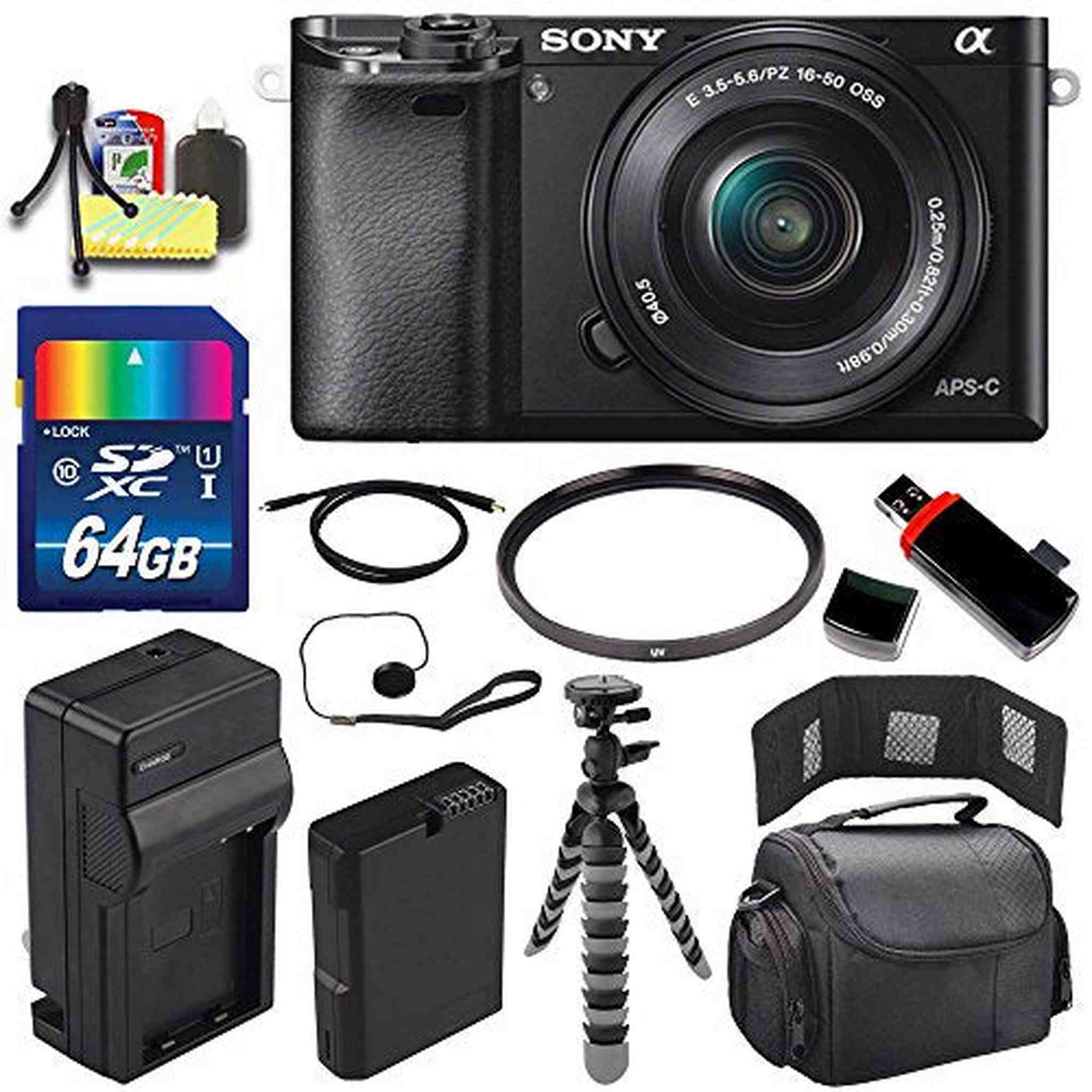 Sony Alpha a6000 Mirrorless Digital Camera with 16-50mm Lens Black + Battery + Charger + 64GB Bundle 3 - International Sony