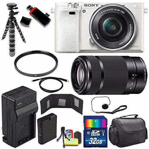 Sony Alpha a6000 Mirrorless Digital Camera with 16-50mm Lens White + Sony E 55-210mm f/4.5-6.3 OSS E-Mount Lens 32GB Advanced Bundle Sony