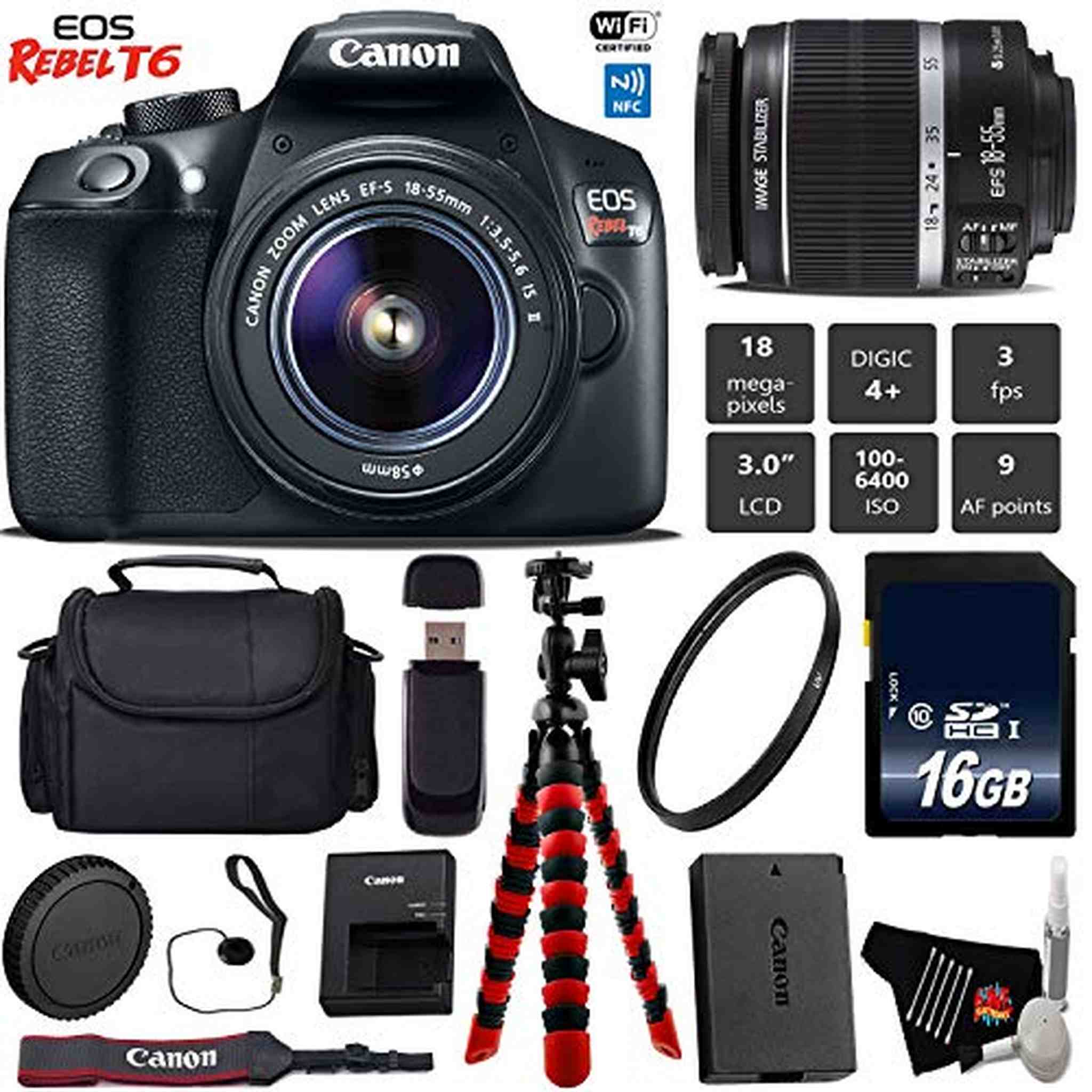 Canon EOS Rebel T6 DSLR Camera 18-55mm is II Lens + Flexible Tripod + UV Protection Filter + Professional Case Base Bundle Canon