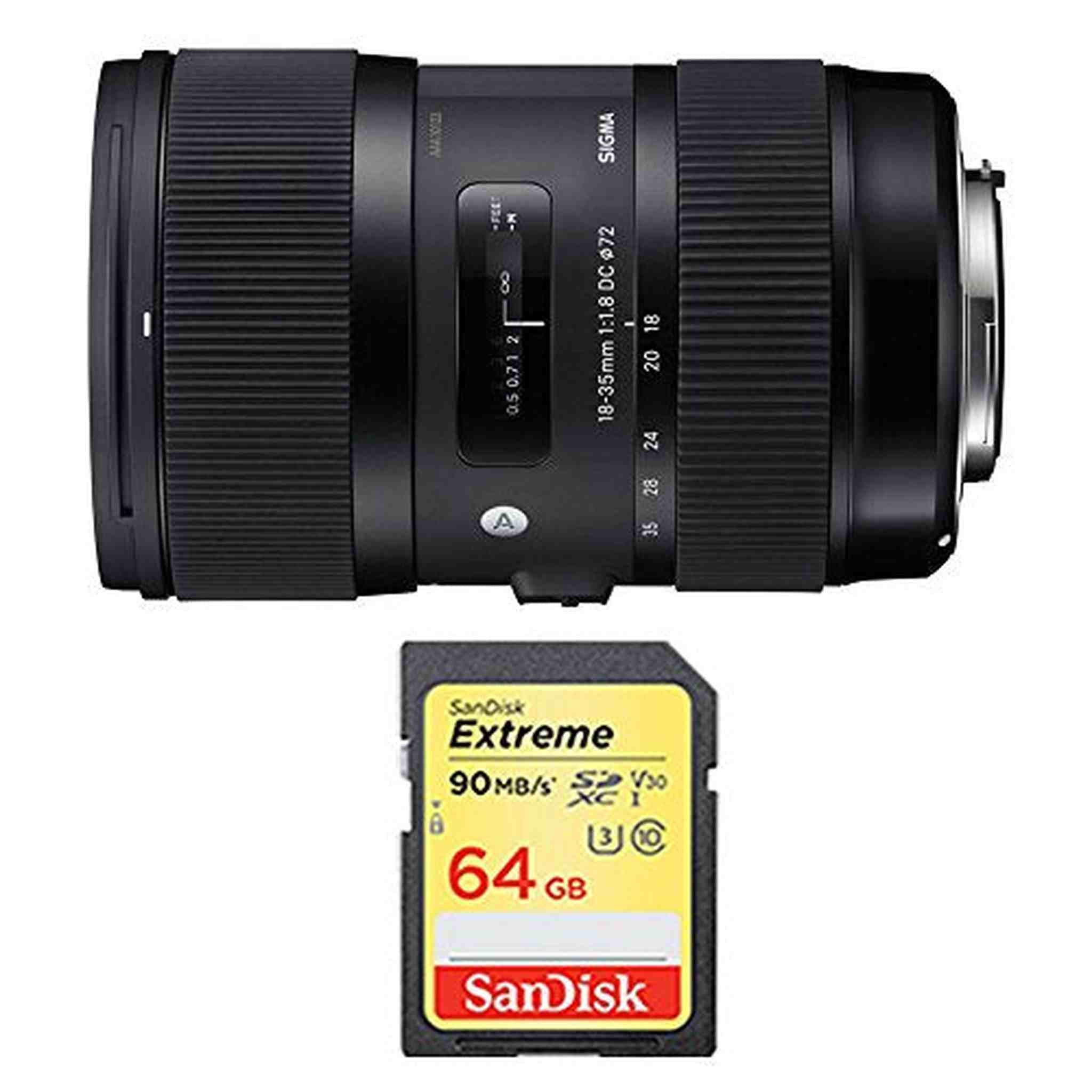 Sigma AF 18-35mm f/1.8 DC HSM Lens for Canon Includes Sandisk 64GB Extreme SD Memory UHS-I Card w/ 90/60MB/s Read/Write Bundle Sigma