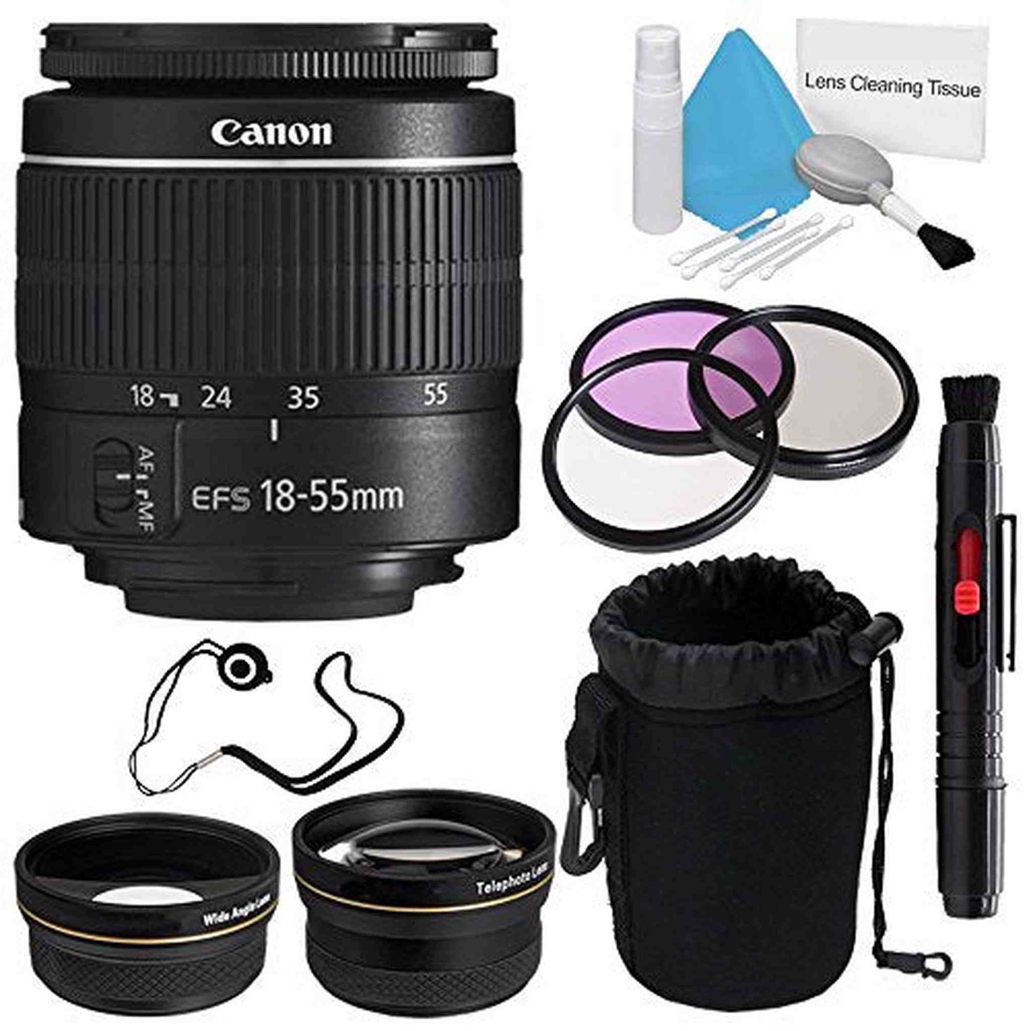 Canon EF-S 18-55mm f/3.5-5.6 III Lens International Model + 58mm Wide Angle Lenses + 58mm 3 Piece Filter Kit + Deluxe Canon