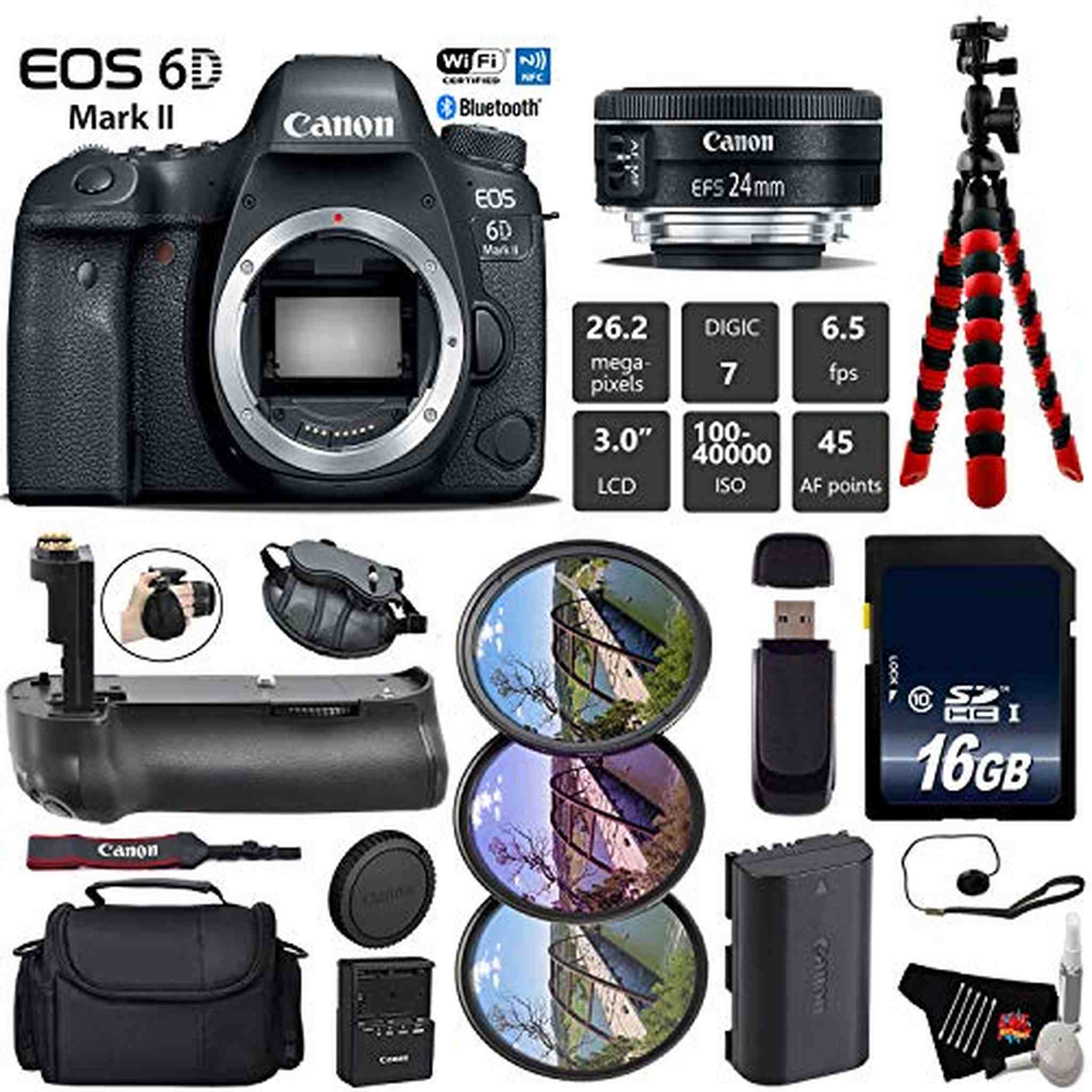 Canon EOS 6D Mark II DSLR Camera with 24mm f/2.8 STM Lens + Professional Battery Grip + UV FLD CPL Filter Kit + Case Base Bundle Canon