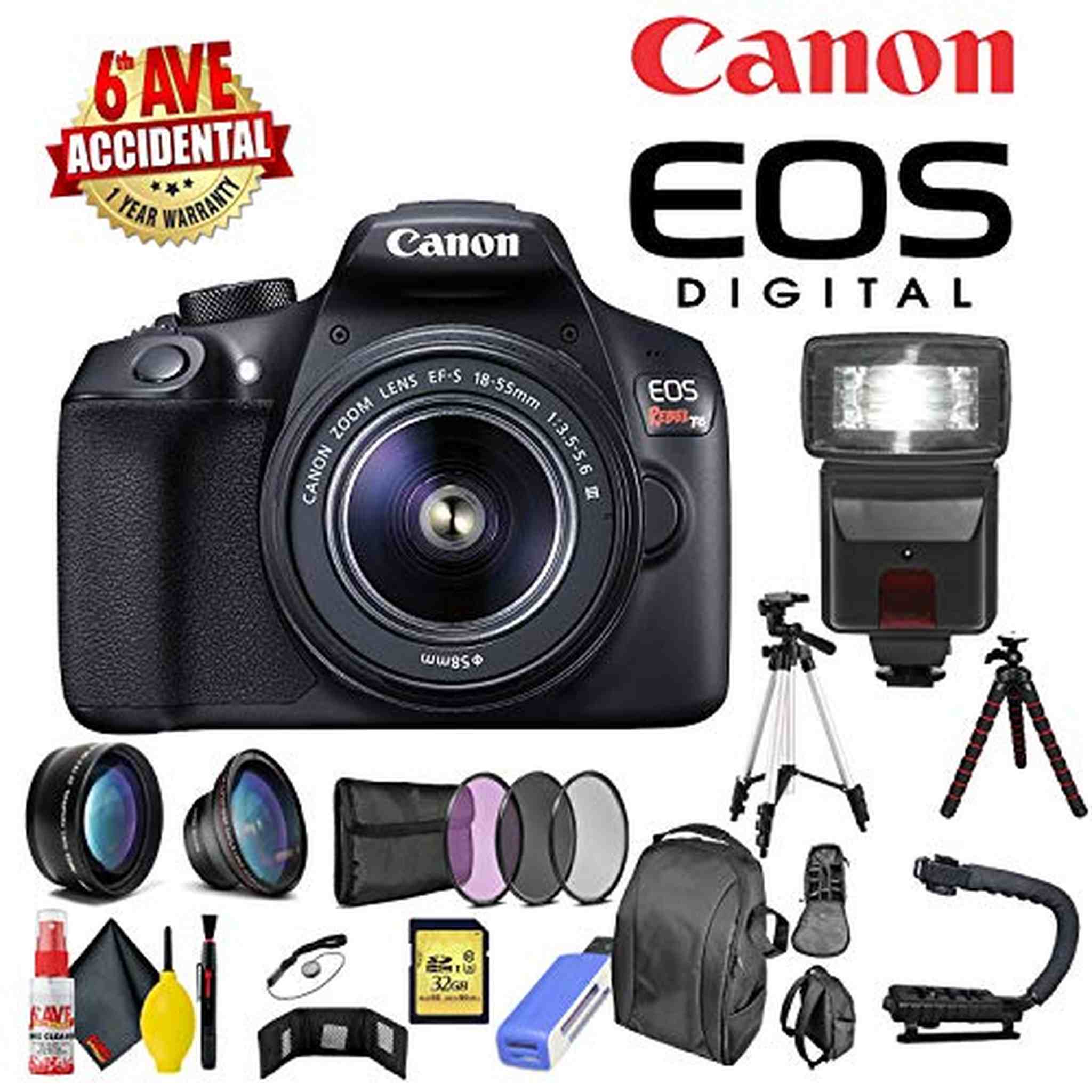 Canon EOS Rebel T6 18-55 DC III Kit + Stabilizing Handle/Video Grip + Slave Flash Filters+ Class 10 32SD Memory Card Bundle Canon