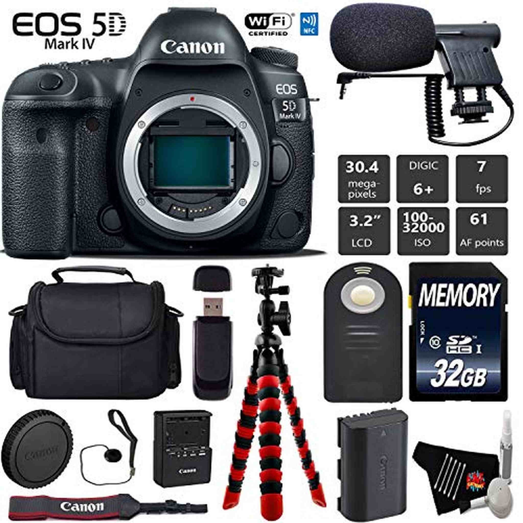 Canon EOS 5D Mark IV DSLR Camera Body Only + Wireless Remote + Condenser Microphone + Case + Wrist Strap + Tripod Starter Bundle Canon