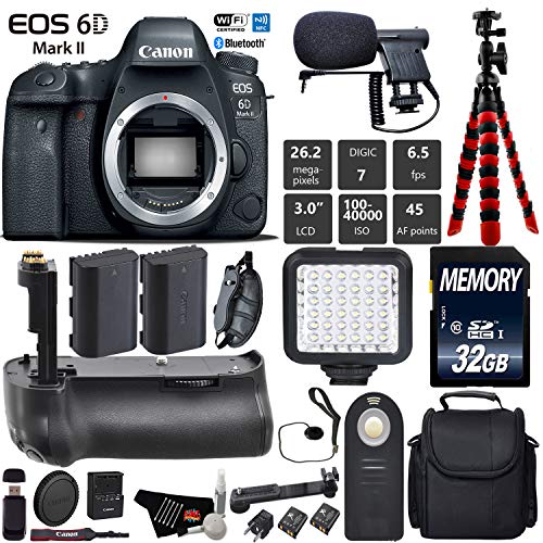 Canon EOS 6D Mark II DSLR Camera Body Only + Professional Battery Grip + Condenser Microphone + LED Kit + Extra Battery Starter Bundle Canon