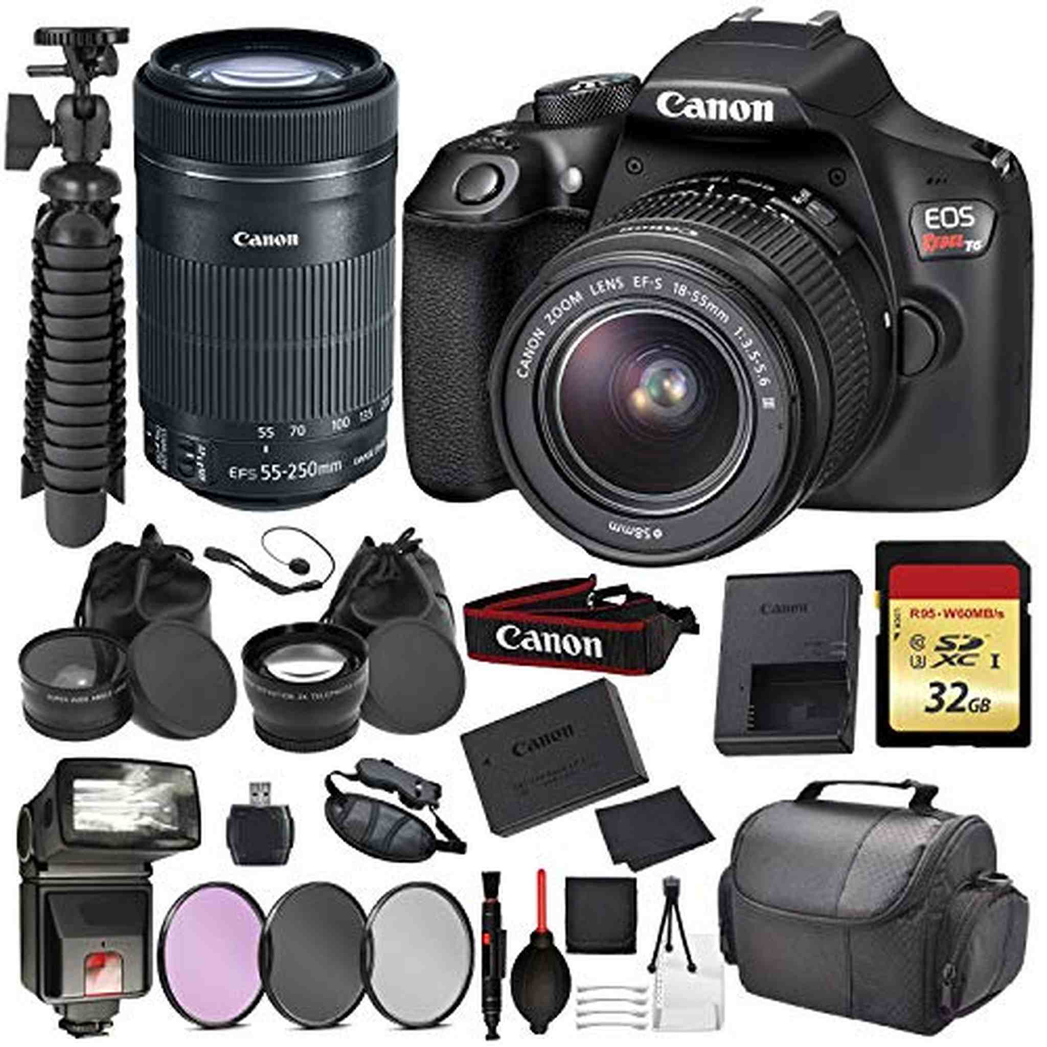 Canon EOS Rebel T6 Digital SLR Camera with EF-S 18-55mm + EF-S 55-250mm STM Black Essential Accessory Bundle Package D Canon