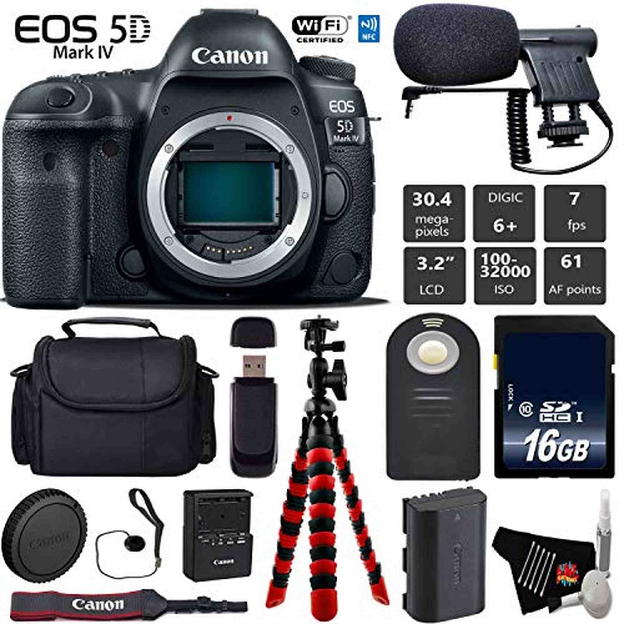 Canon EOS 5D Mark IV DSLR Camera Body Only + Wireless Remote + Condenser Microphone + Case + Wrist Strap + Tripod Base Bundle Canon