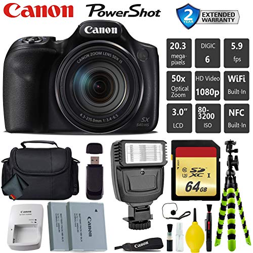 Canon PowerShot SX540 HS Digital Point and Shoot Camera + Extra Battery + Digital Flash + Camera Case + 64GB Class 10 Card Professional Bundle Canon