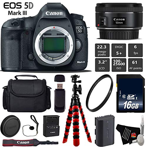 Canon EOS 5D Mark III DSLR Camera with 50mm f/1.8 STM Lens + Wireless Remote + UV Protection Filter + Case + Wrist Strap Base Bundle Canon