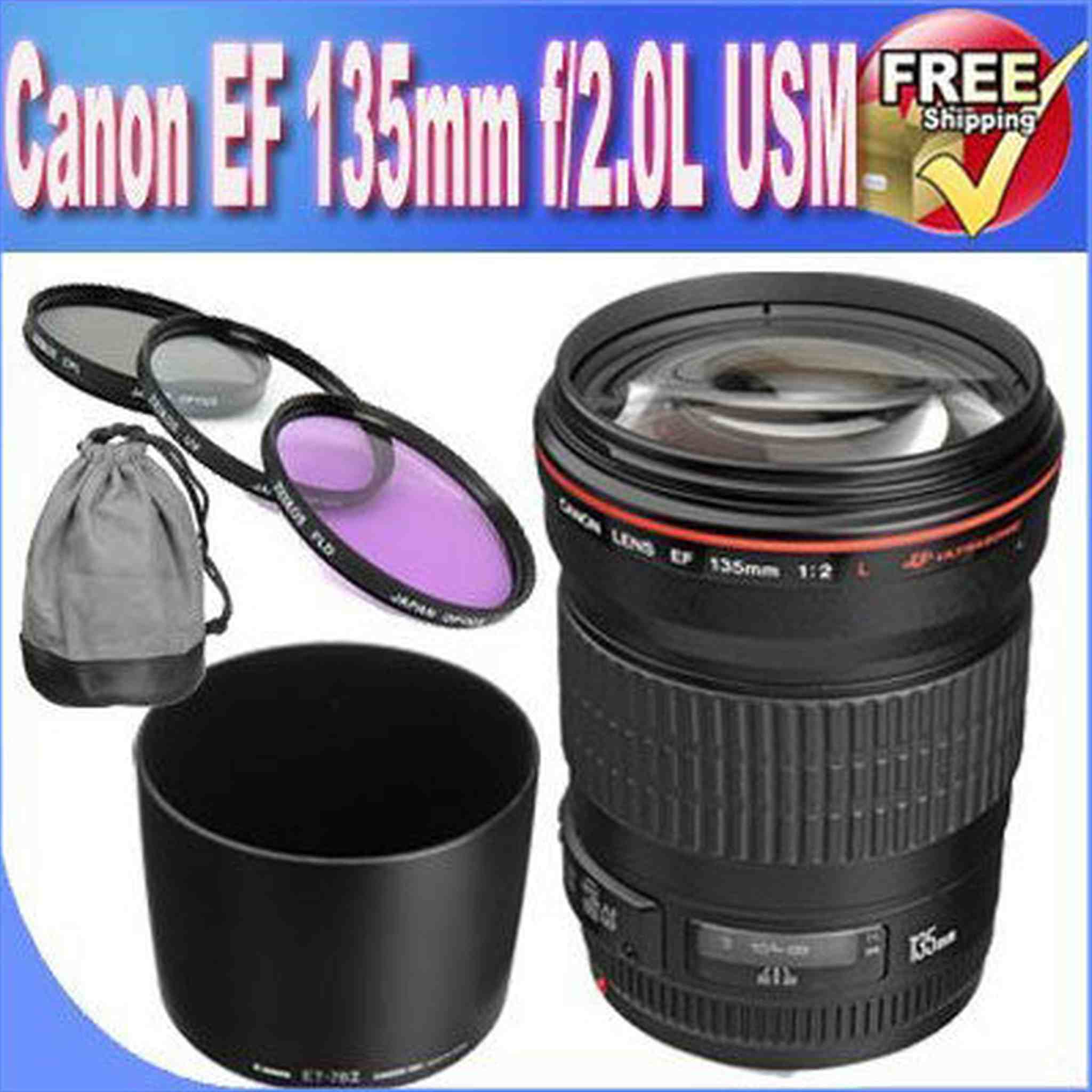 Canon EF 135mm f/2L USM Lens for Canon SLR Cameras + 72mm 3 Piece Professional Filter Kit + Lens & Camera Cleaning Kit!!! Canon