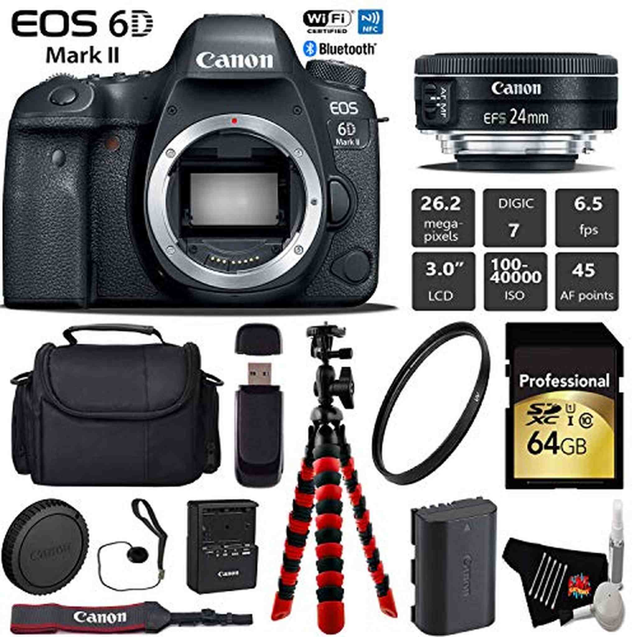 Canon EOS 6D Mark II DSLR Camera with 24mm f/2.8 STM Lens + Wireless Remote + UV Protection Filter + Case + Wrist Strap Pro Bundle Canon