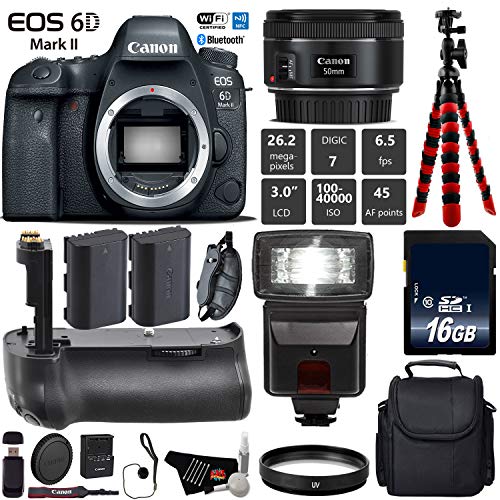 Canon EOS 6D Mark II DSLR Camera With 50mm f/1.8 STM Lens + Professional Battery Grip + UV Protection Filter + Flash Base Bundle Canon