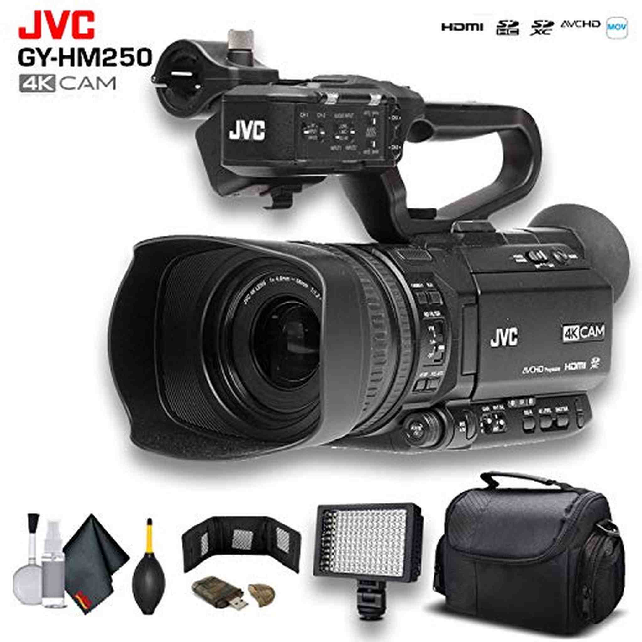 JVC GY-HM250 UHD 4K Streaming Camcorder W/Case, LED Light, Cleaning Kit and More. - Advanced Bundle JVC