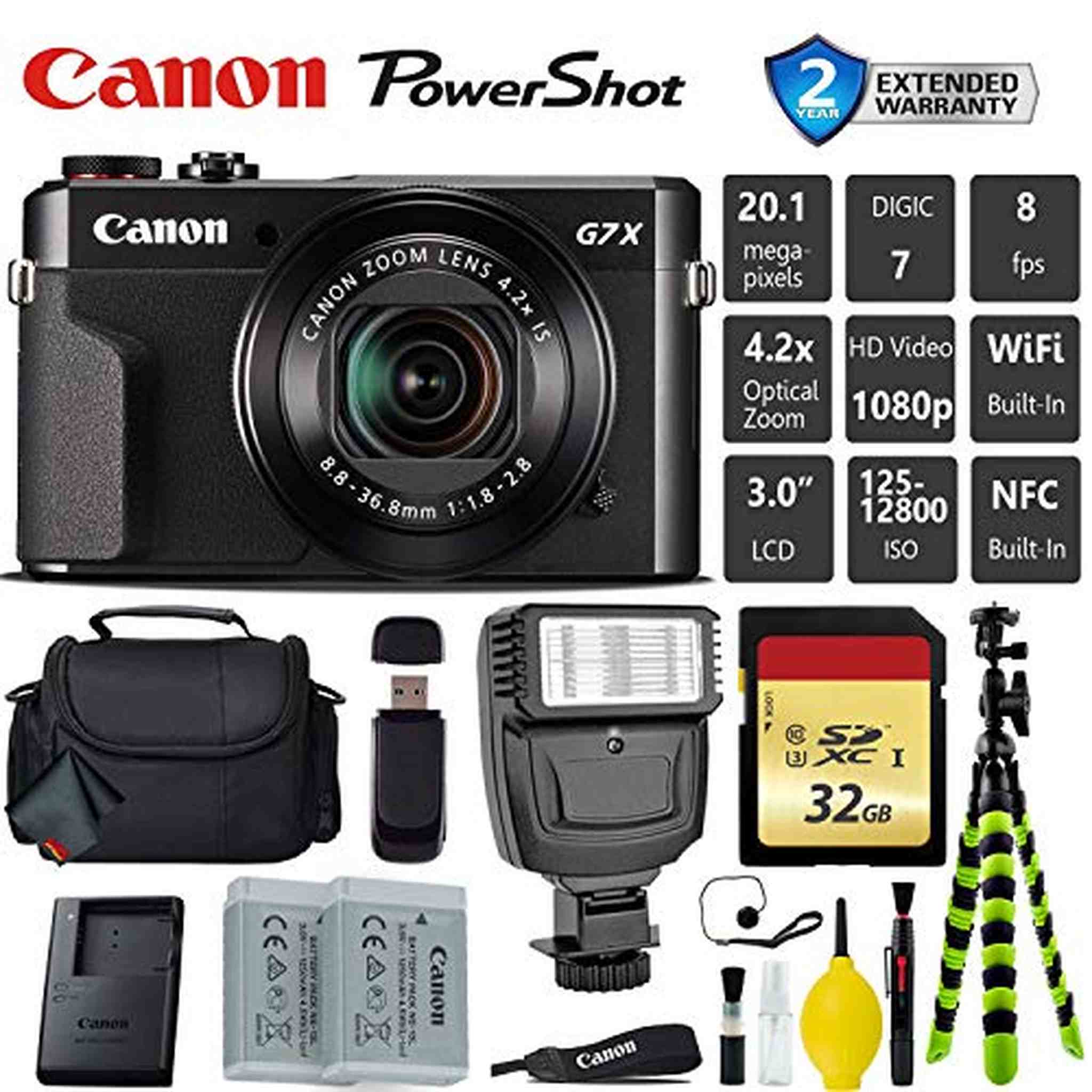 Canon PowerShot G7 X Mark II Point and Shoot Digital Camera + Extra Battery + Digital Flash + Camera Case + 32GB Class 1 Card Base Starter Bundle Canon