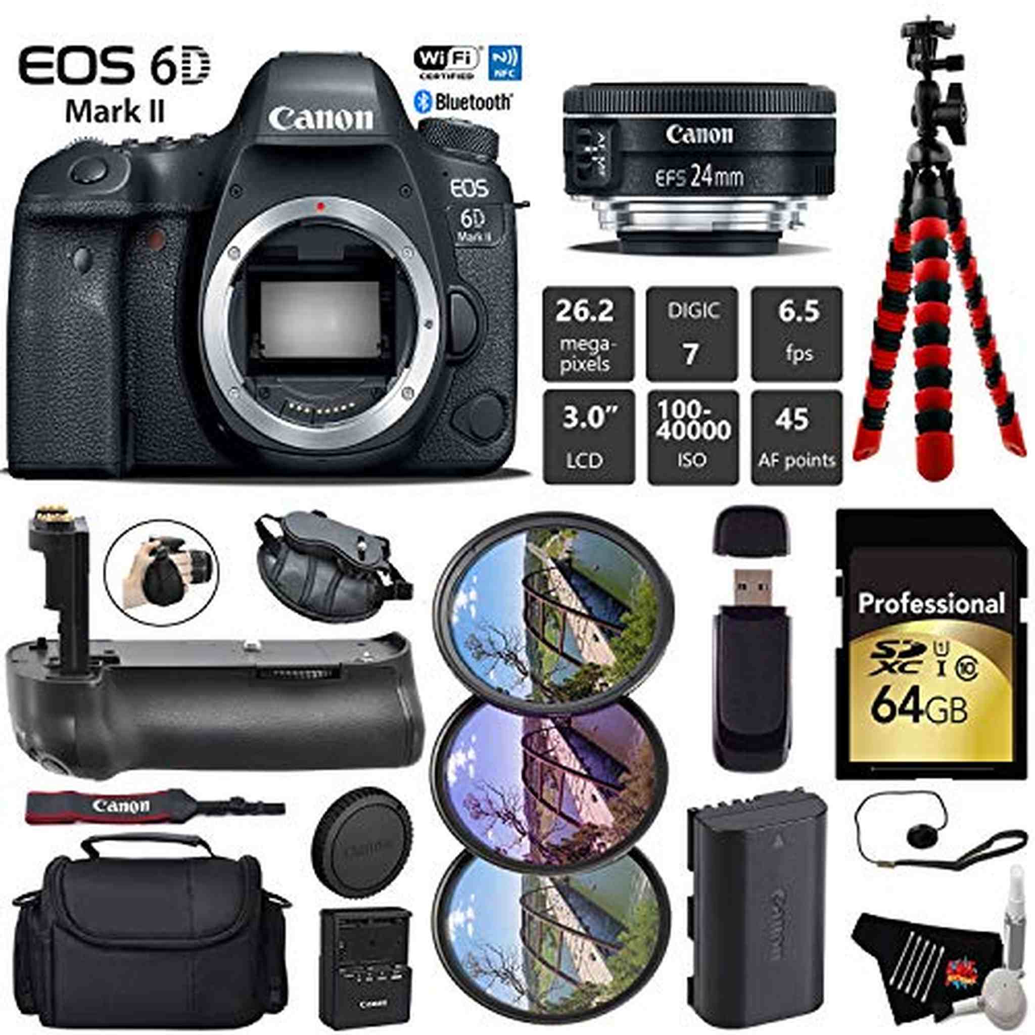 Canon EOS 6D Mark II DSLR Camera with 24mm f/2.8 STM Lens + Professional Battery Grip + UV FLD CPL Filter Kit + Case Pro Bundle Canon