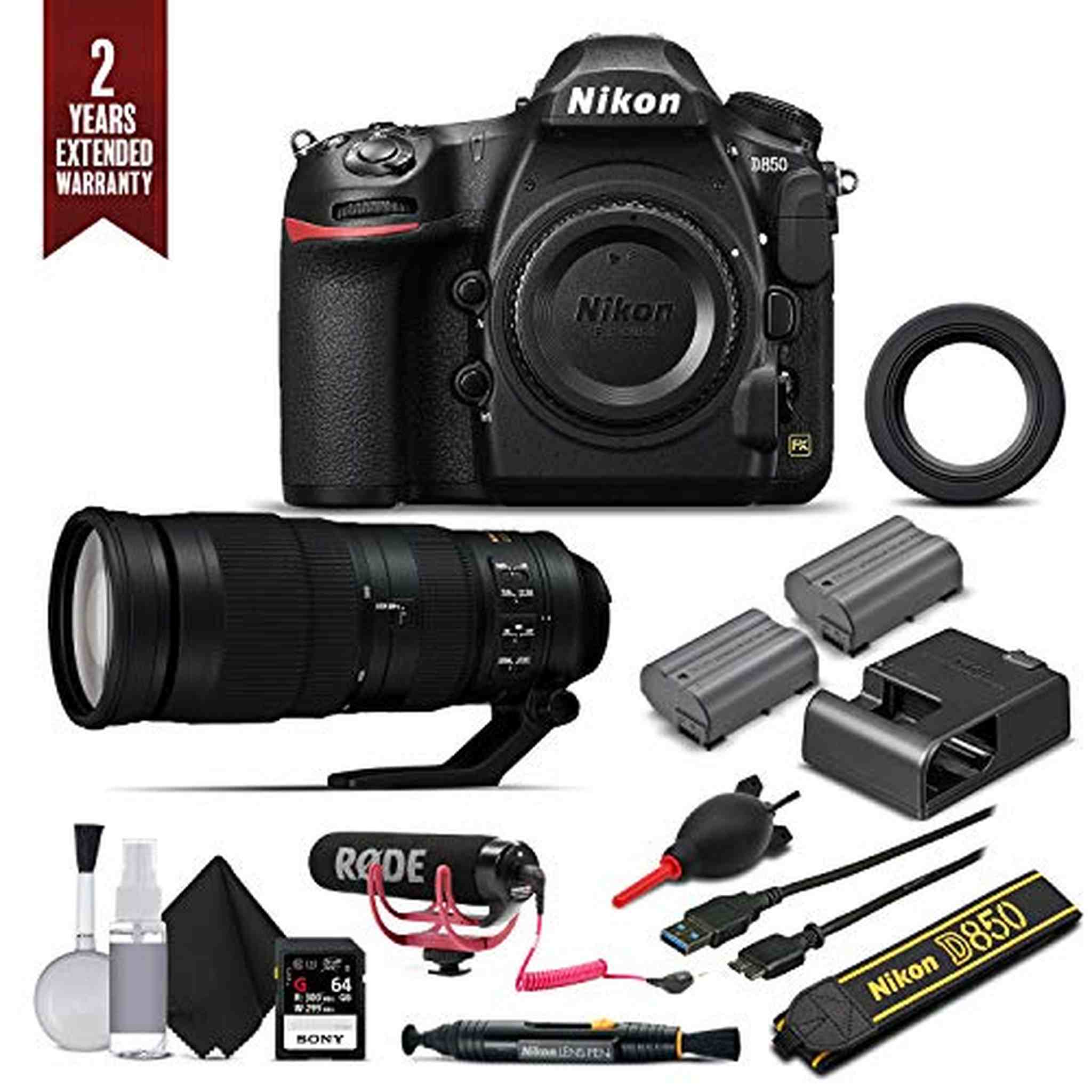 Nikon D850 Digital SLR Camera W/ Nikon AF-S FX NIKKOR 200-500mm f/5.6E ED Lens, 64GB Memory Card, Soft Bag, Rode Mic, Extra Battery, Plus 2 Year Warranty. Intl Model Nikon