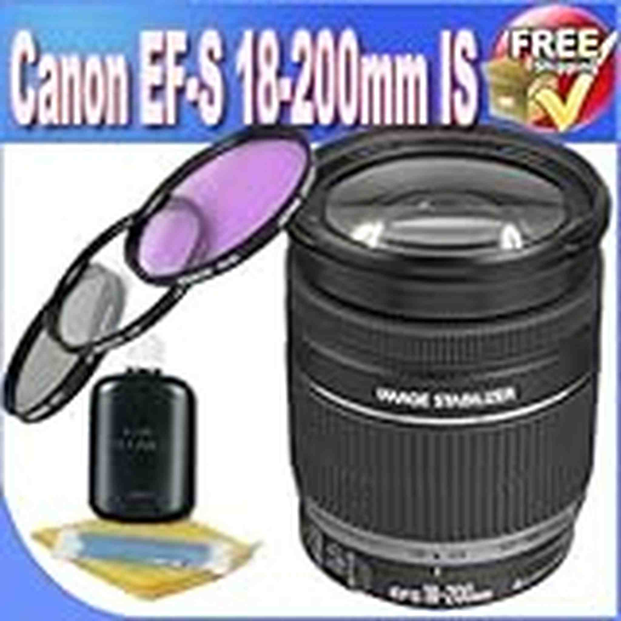 Canon EF-S 18-200mm f/3.5-5.6 is Lens + 72mm 3 Piece Professional Filter Kit + Lens Bundle Canon