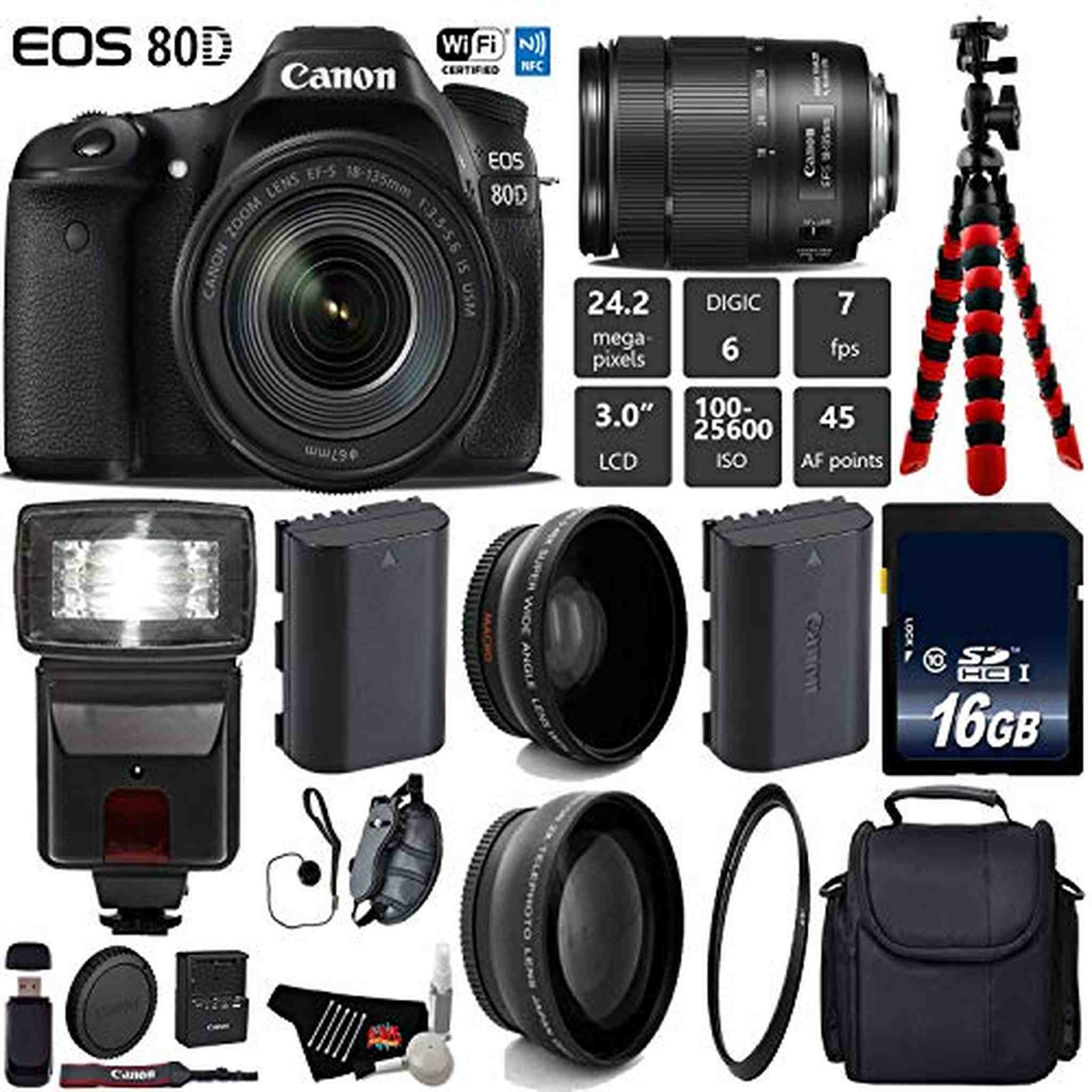 Canon EOS 80D DSLR Camera with 18-135mm is STM Lens + Flash + UV FLD CPL Filter Kit + Wide Angle & Telephoto Lens Base Bundle Canon