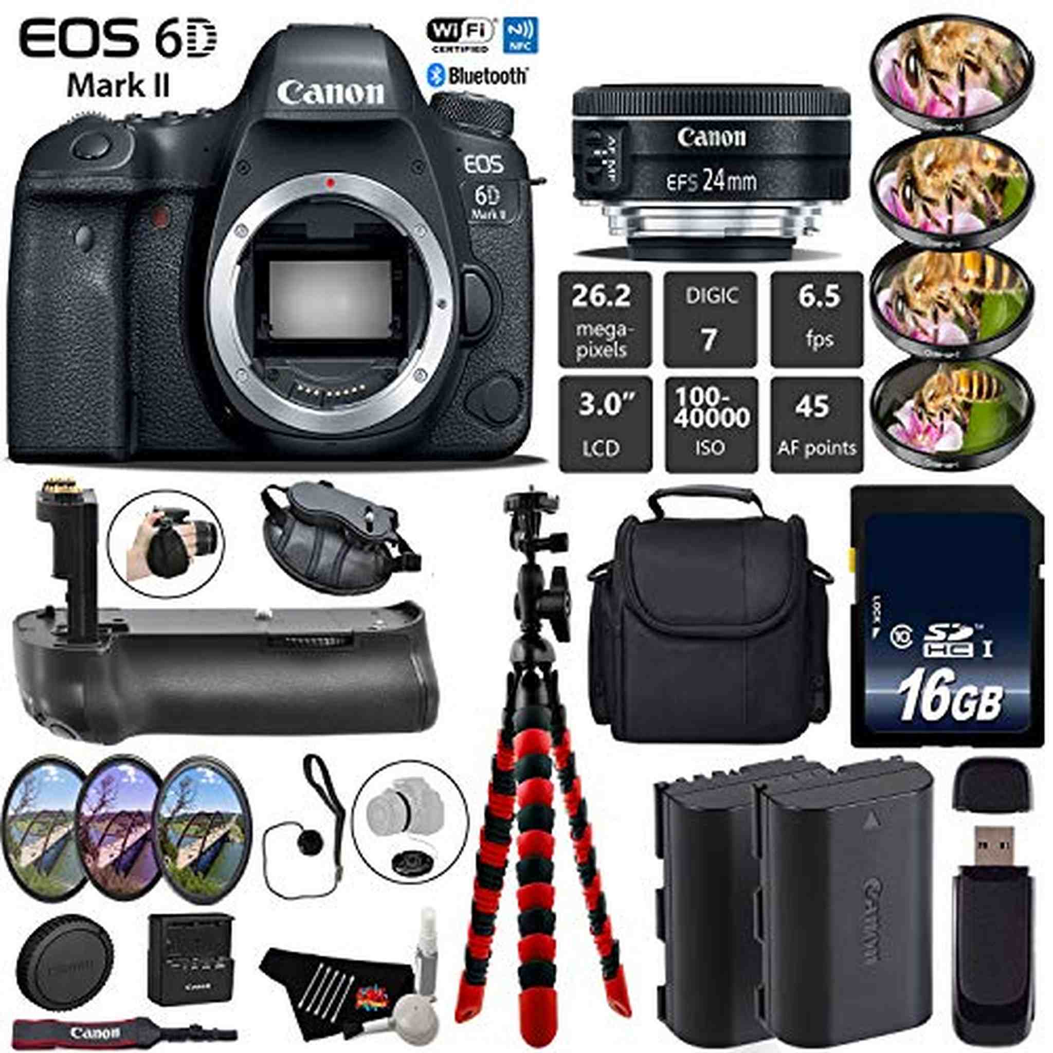 Canon EOS 6D Mark II DSLR Camera With 24mm 2.8 STM Lens + Professional Battery Grip + 4PC Macro Filter Kit + LED Kit Base Bundle Canon