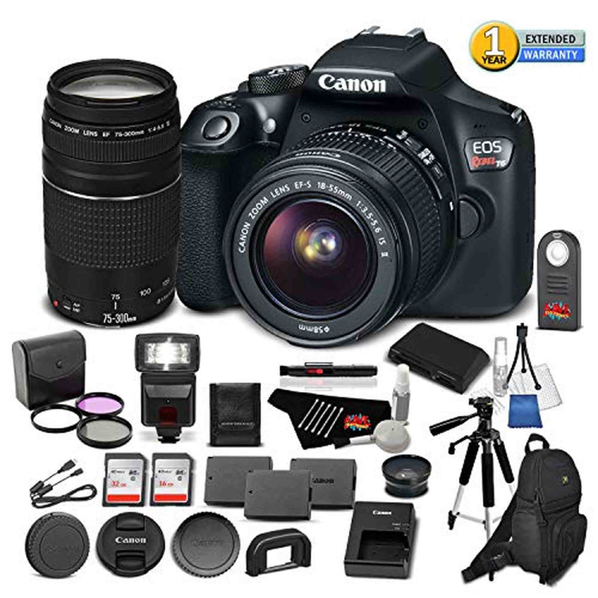 Canon EOS Rebel T6 Digital SLR Camera 1159C003 Bundle with 18-55mm f/3.5-5.6 is II Lens + EF 75-300mm f/4-5.6 III Pro Bundle Canon