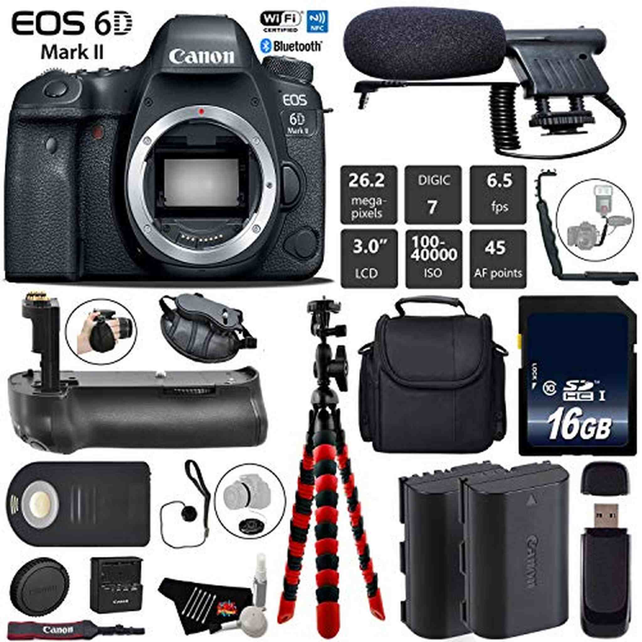 Canon EOS 6D Mark II DSLR Camera Body Only + Professional Battery Grip + Condenser Microphone + Extra Battery + Case Base Bundle Canon