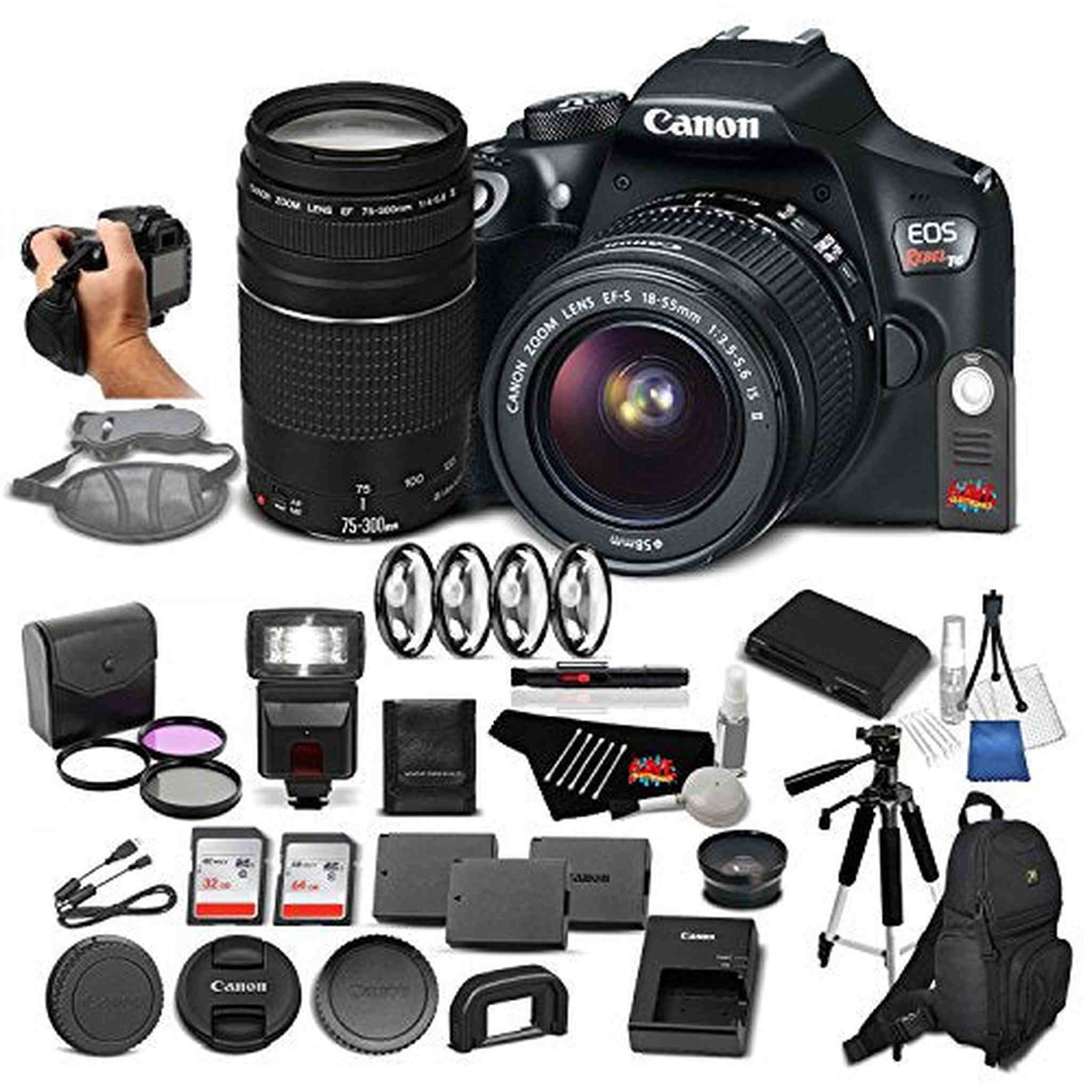 Canon EOS Rebel T6 Digital SLR Camera Bundle with EF-S 18-55mm f/3.5-5.6 IS II Lens + EF 75-300mm f/4-5.6 III Telephoto Zoom Lens + 64GB Memory Card Canon