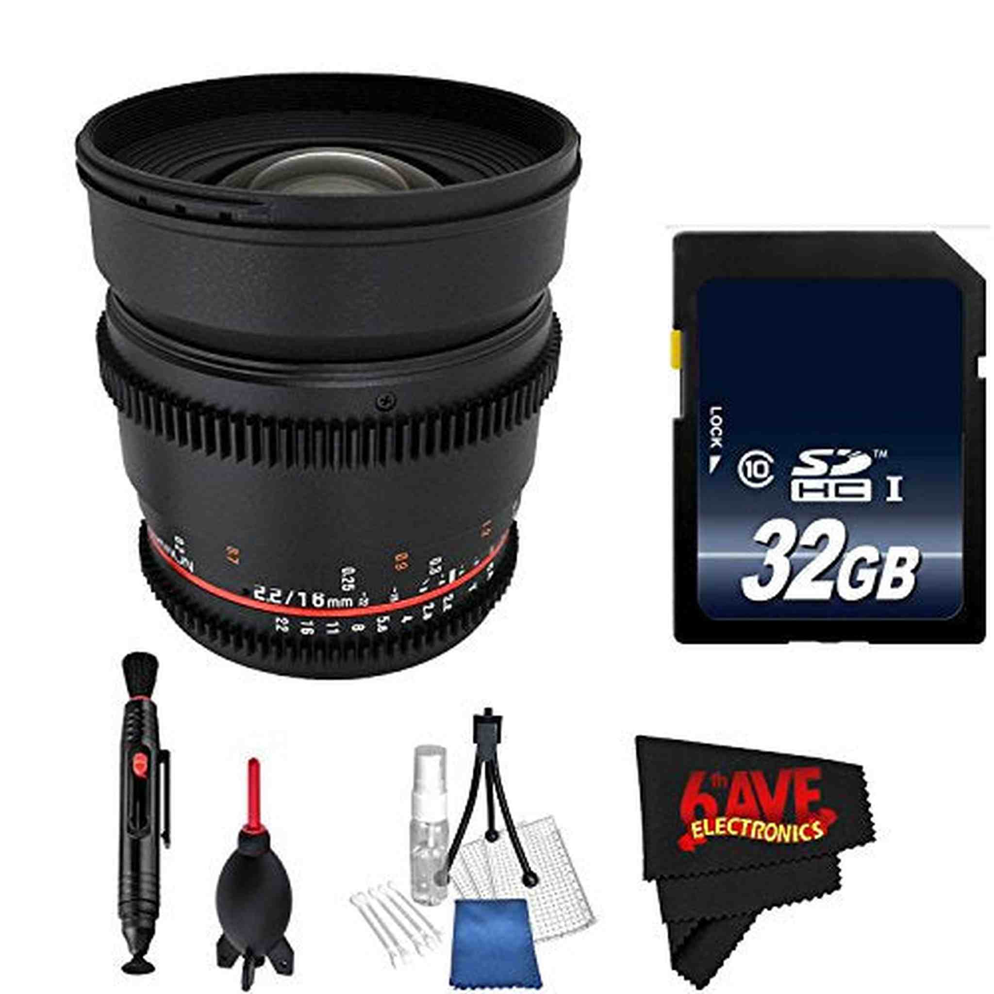 Rokinon 16mm T2.2 Cine Lens for Nikon F # CV16M-N + MicroFiber Cloth + Lens Pen Cleaner + 32GB SDHC Memory Card Bundle Rokinon