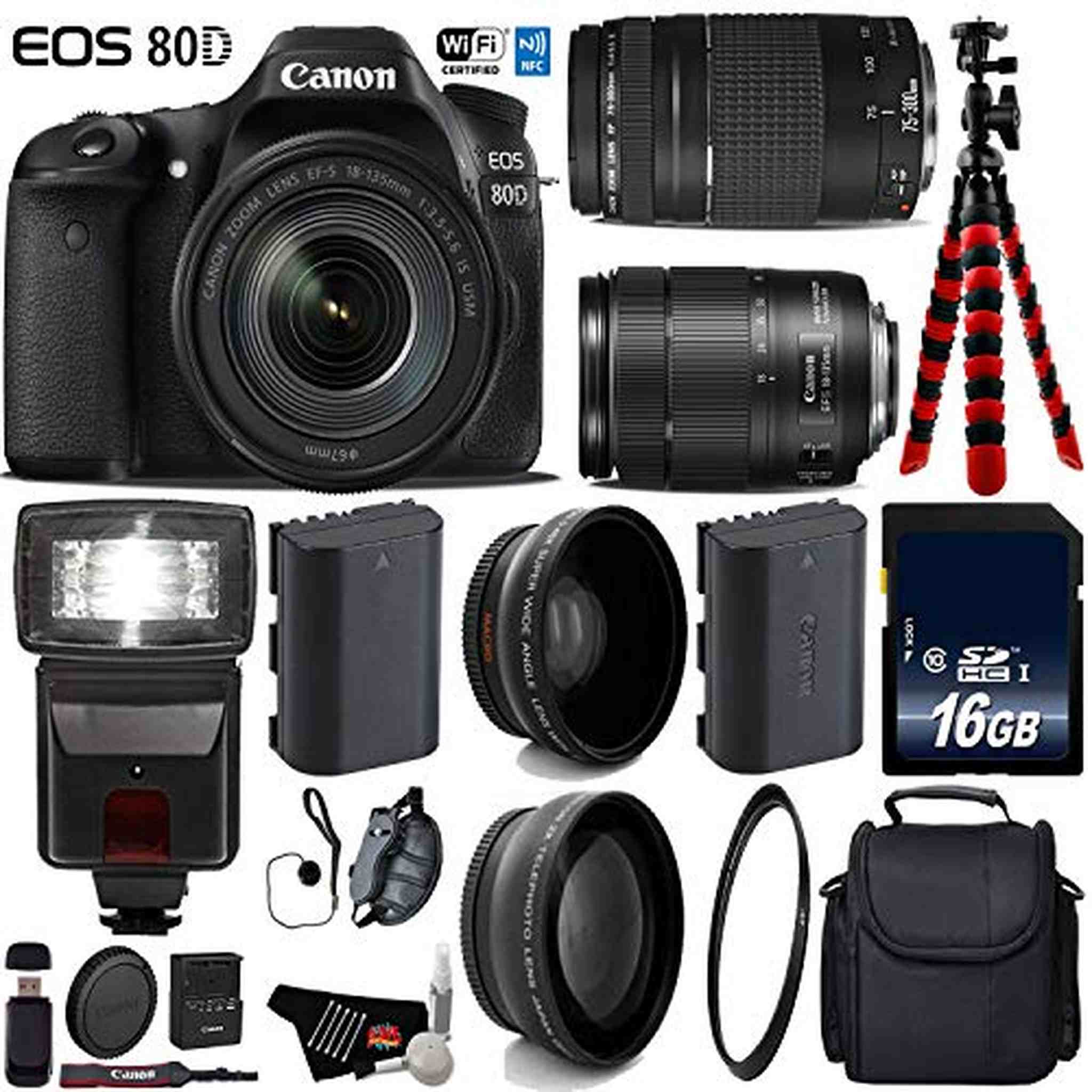 Canon EOS 80D DSLR Camera with 18-135mm is STM Lens & 75-300mm III Lens + Flash + UV FLD CPL Filter Kit Advanced Bundle Canon