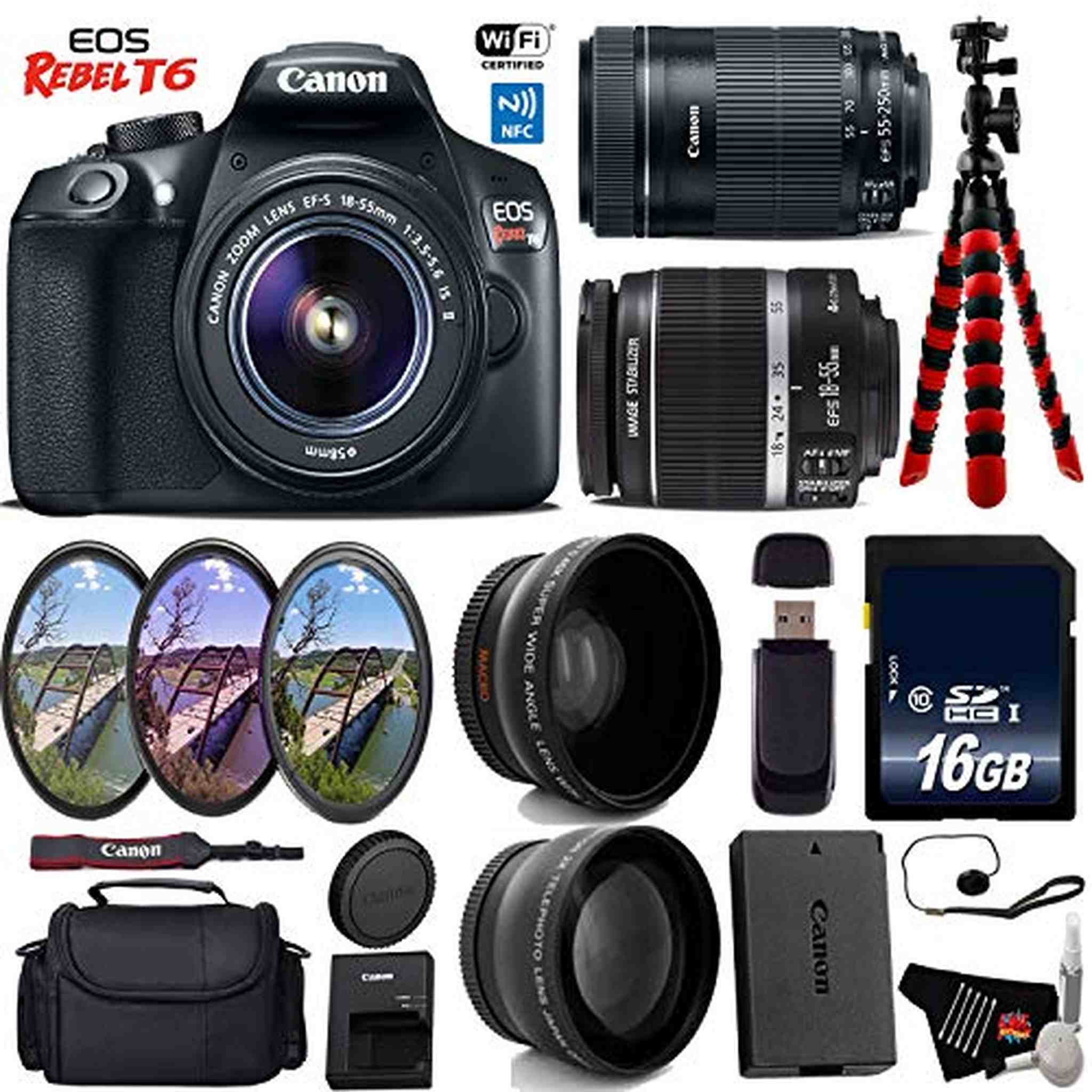 Canon EOS Rebel T6 DSLR Camera with 18-55mm is Lens & 55-250mm is STM Lens + UV FLD CPL Filter Kit Base Bundle Canon